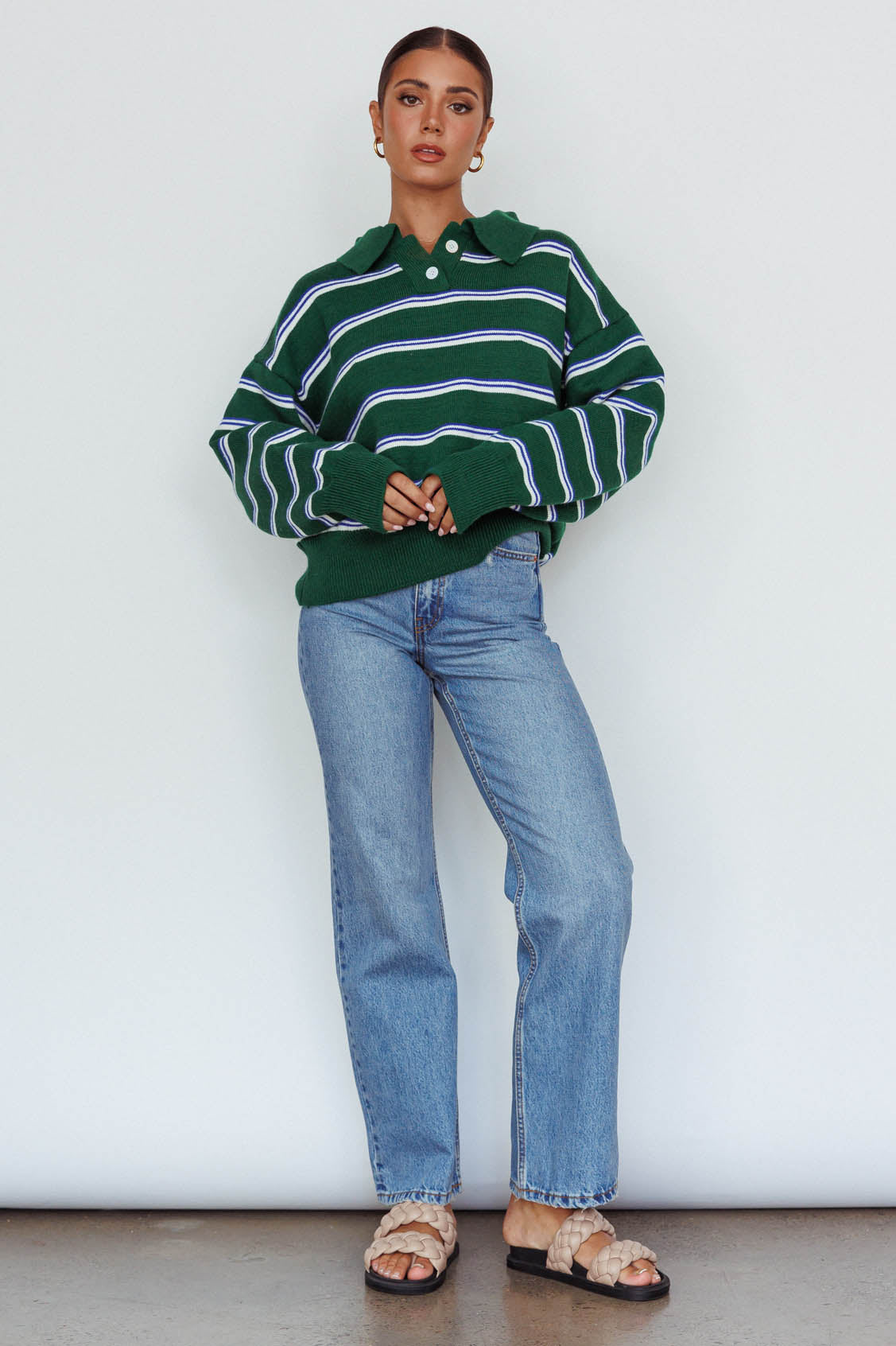 Boston Collared Knit Sweater Striped Forest Green by Selfie Leslie