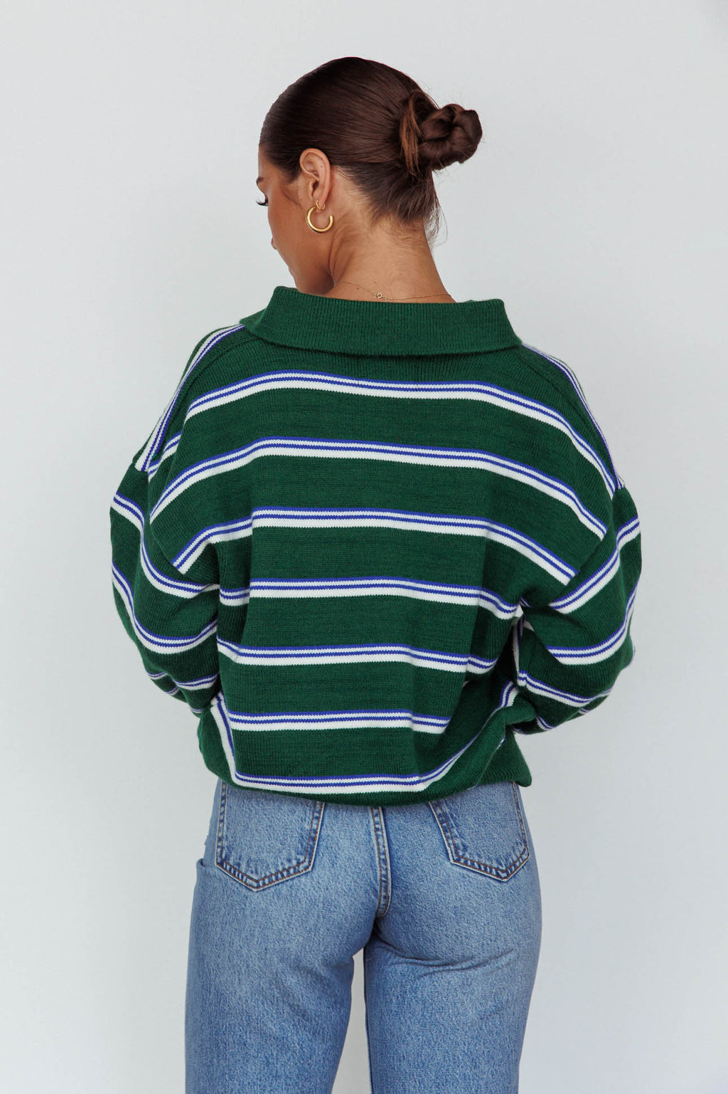 Boston Collared Knit Sweater Striped Forest Green by Selfie Leslie