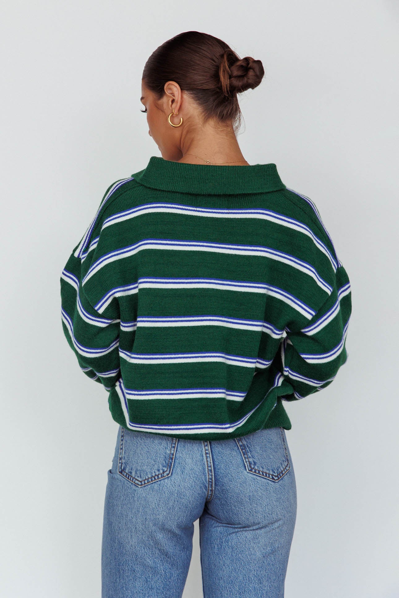 Boston Collared Knit Sweater Striped Forest Green by Selfie Leslie