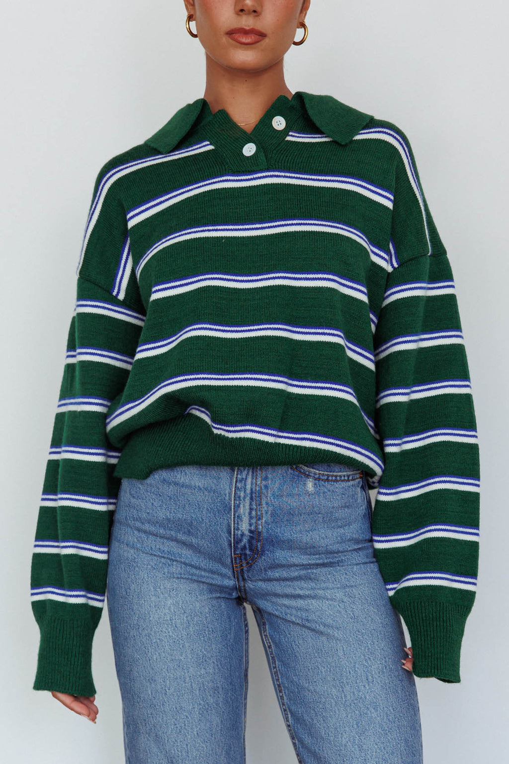 Boston Collared Knit Sweater Striped Forest Green by Selfie Leslie