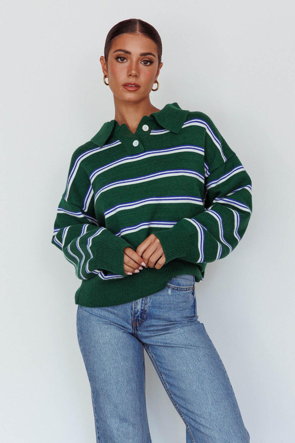 Boston Collared Knit Sweater Striped Forest Green by Selfie Leslie
