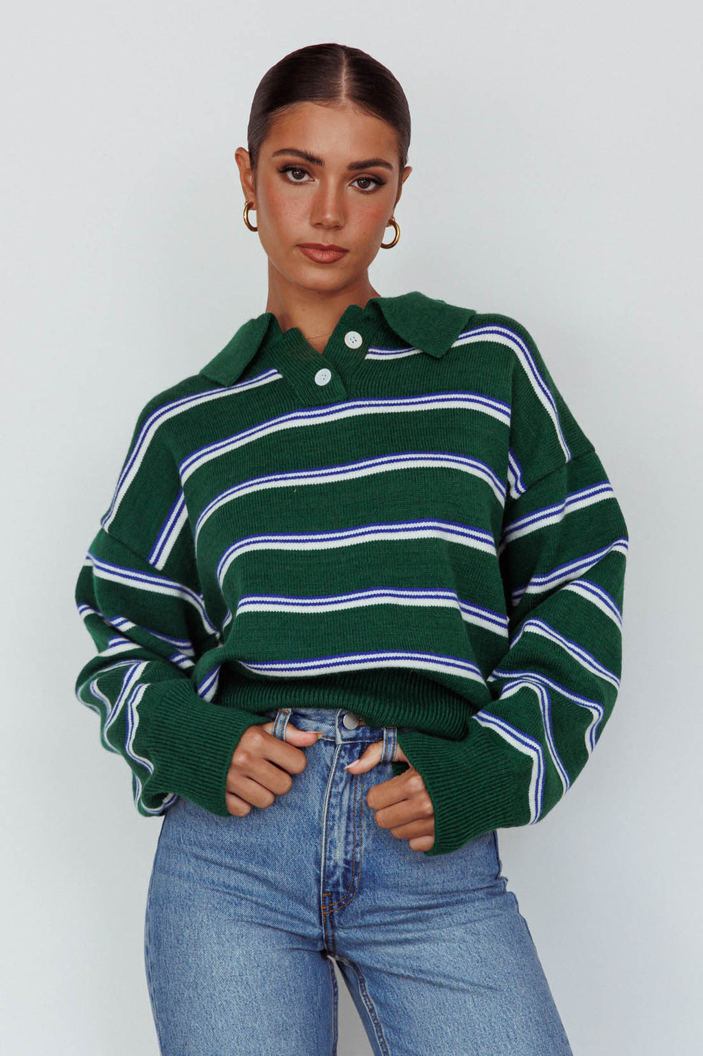 Boston Collared Knit Sweater Striped Forest Green by Selfie Leslie