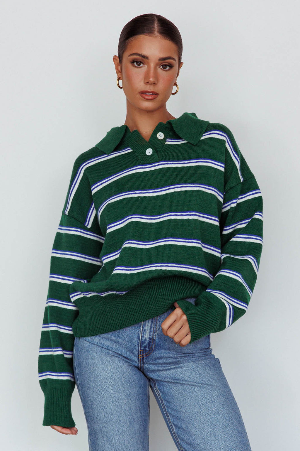 Boston Collared Knit Sweater Striped Forest Green by Selfie Leslie