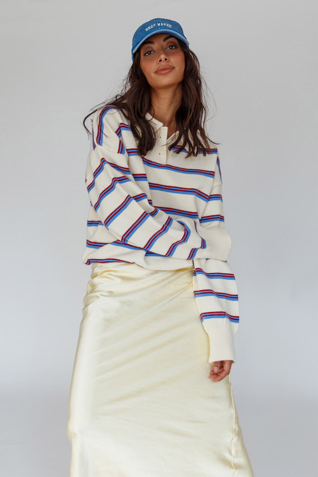 Boston Collared Knit Sweater Striped White by Selfie Leslie