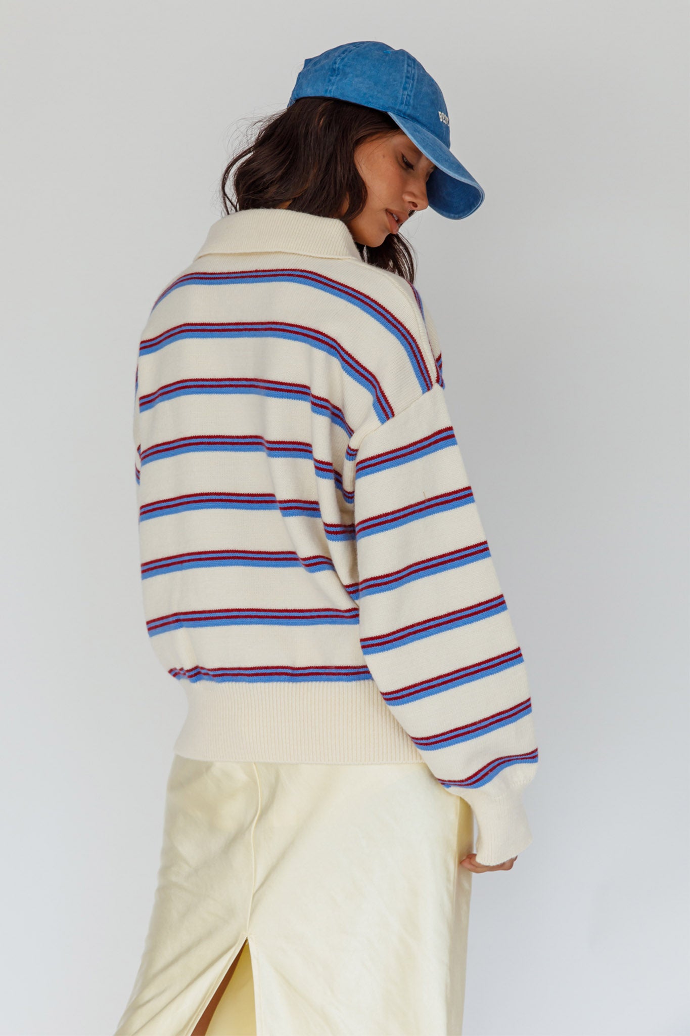 Boston Collared Knit Sweater Striped White by Selfie Leslie