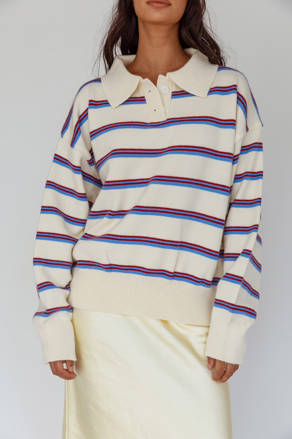 Boston Collared Knit Sweater Striped White by Selfie Leslie