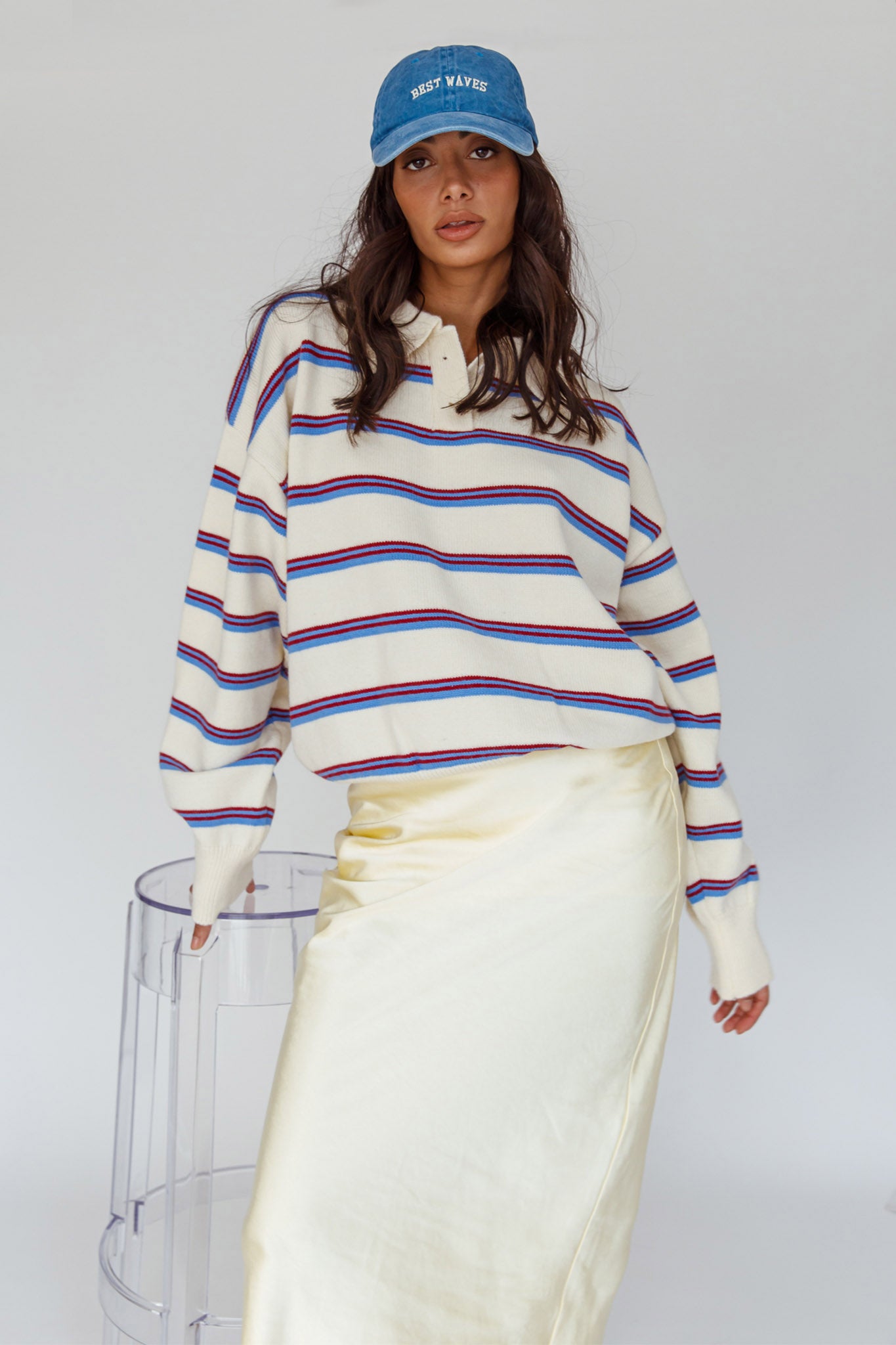 Boston Collared Knit Sweater Striped White by Selfie Leslie