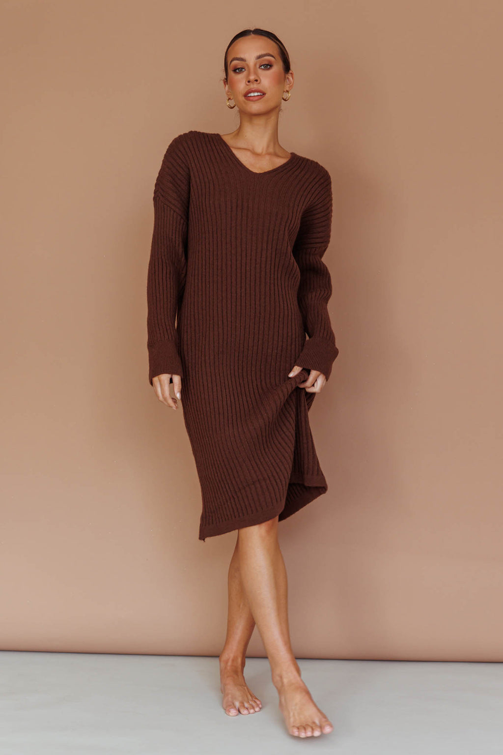Autumn Hooded Sweater Midi Dress Chocolate by Selfie Leslie