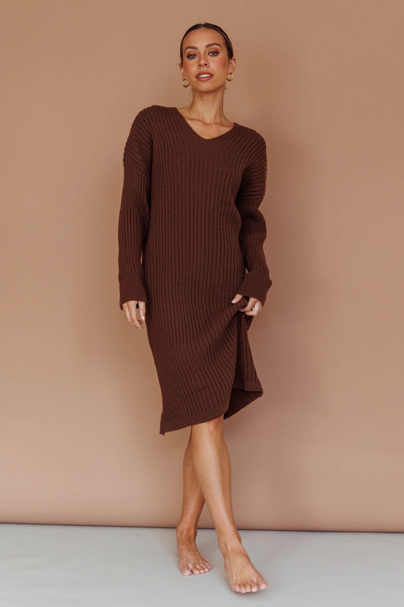 Autumn Hooded Sweater Midi Dress Chocolate by Selfie Leslie