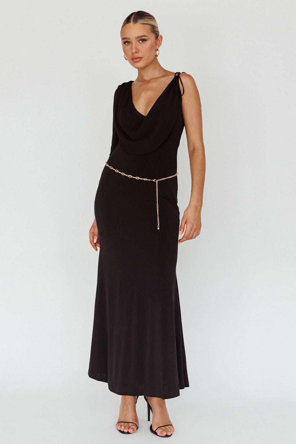 Star Walker One Sleeve Maxi Dress Black by Selfie Leslie