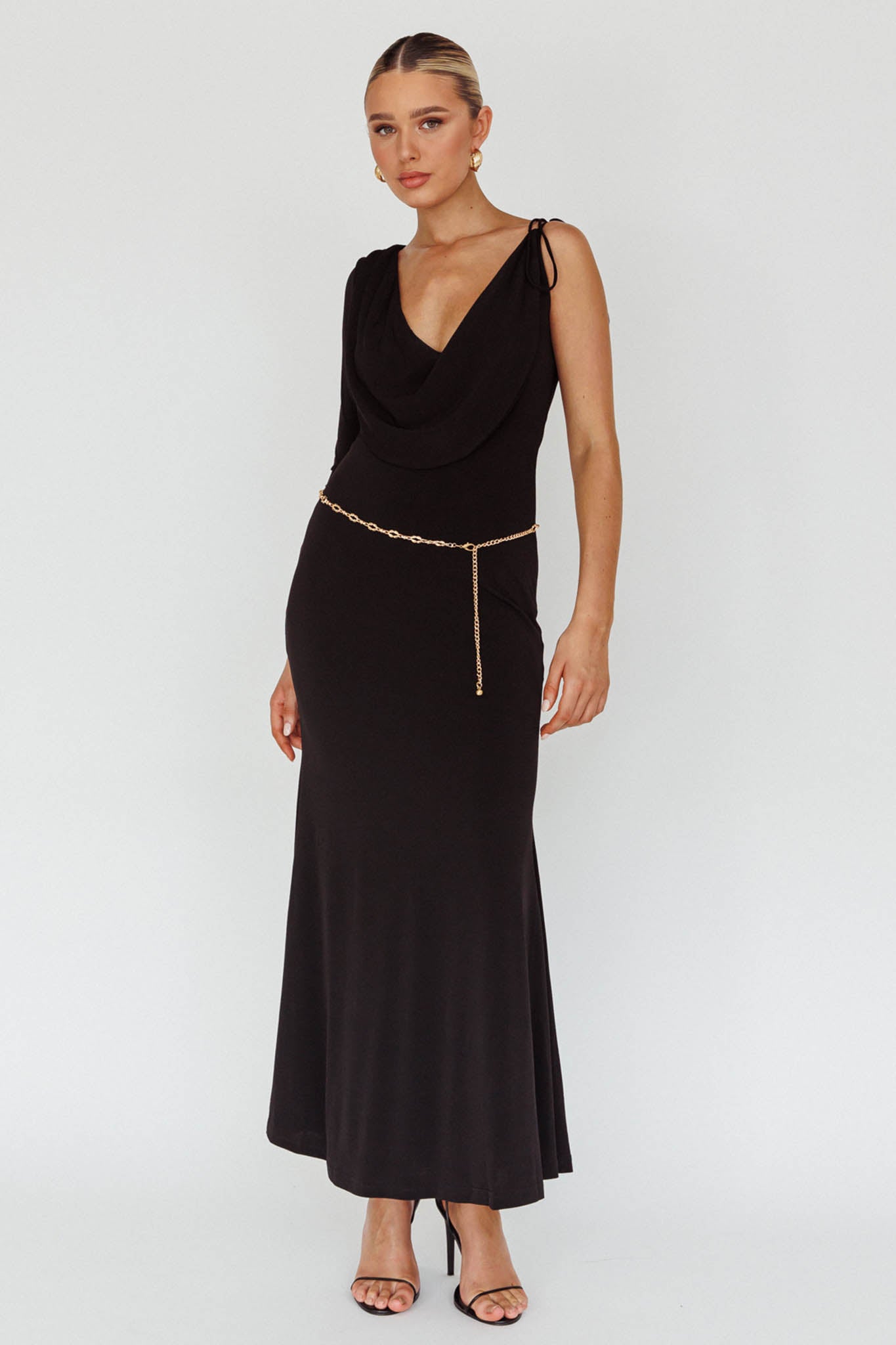 Star Walker One Sleeve Maxi Dress Black by Selfie Leslie