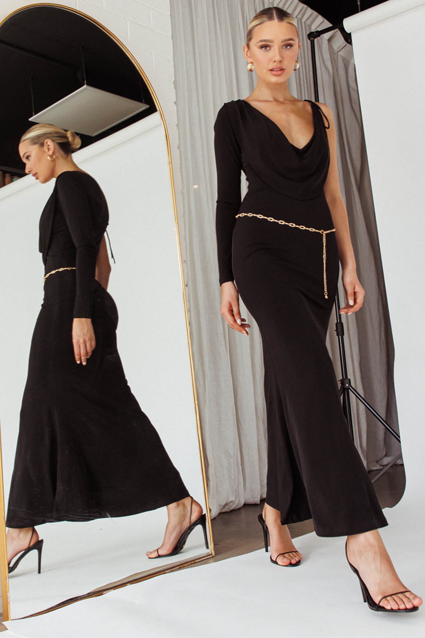 Star Walker One Sleeve Maxi Dress Black by Selfie Leslie