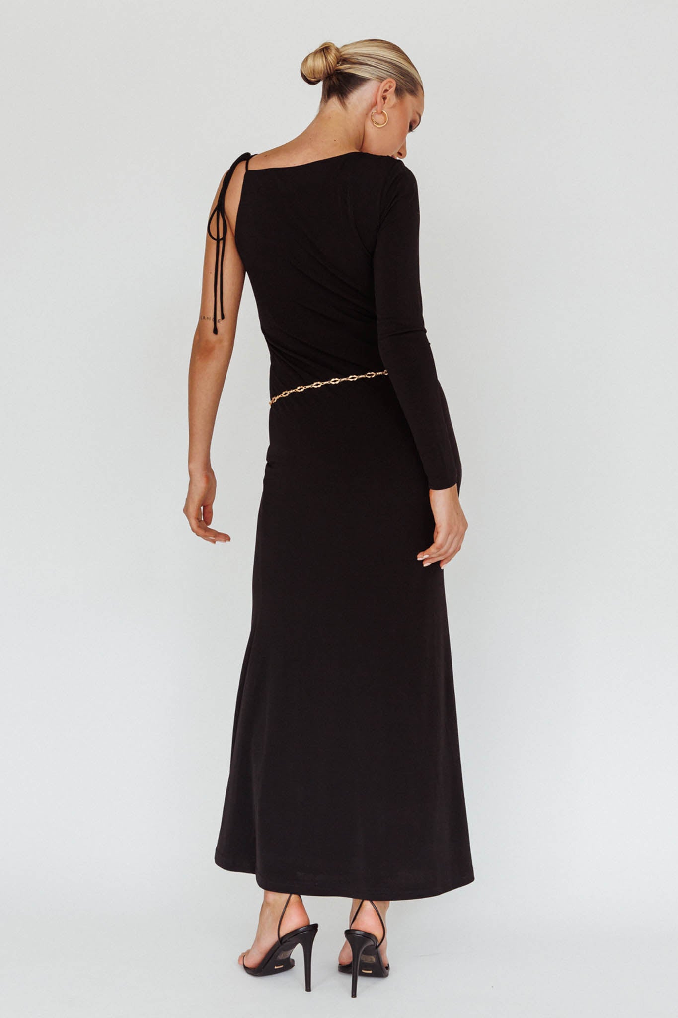 Star Walker One Sleeve Maxi Dress Black by Selfie Leslie