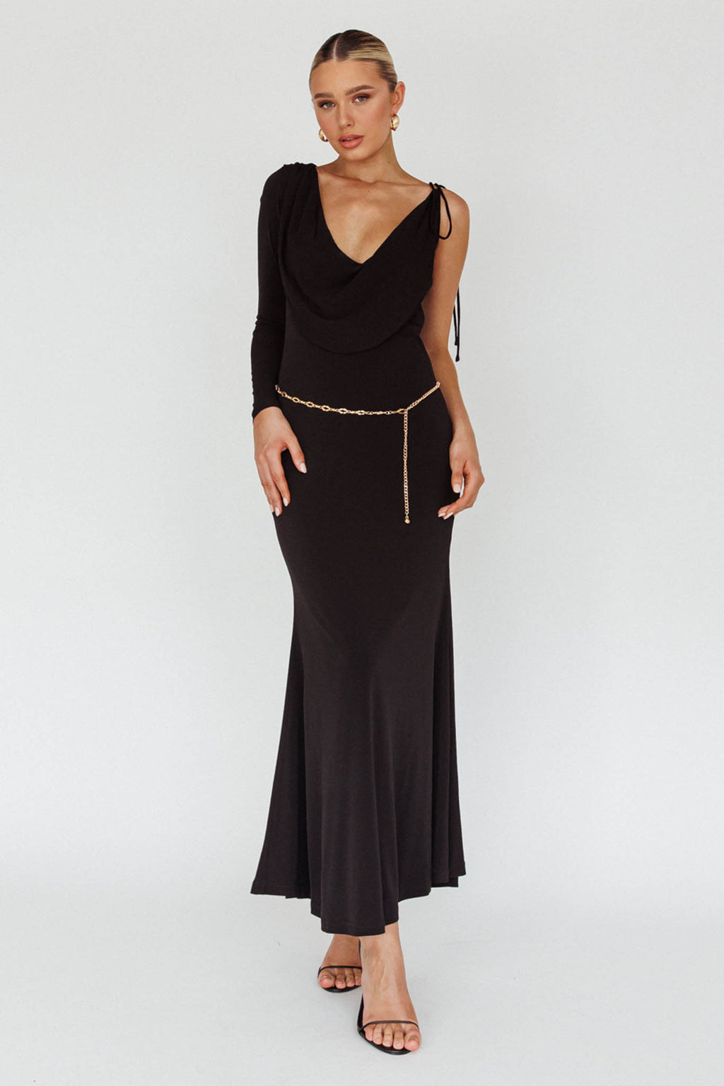Star Walker One Sleeve Maxi Dress Black by Selfie Leslie