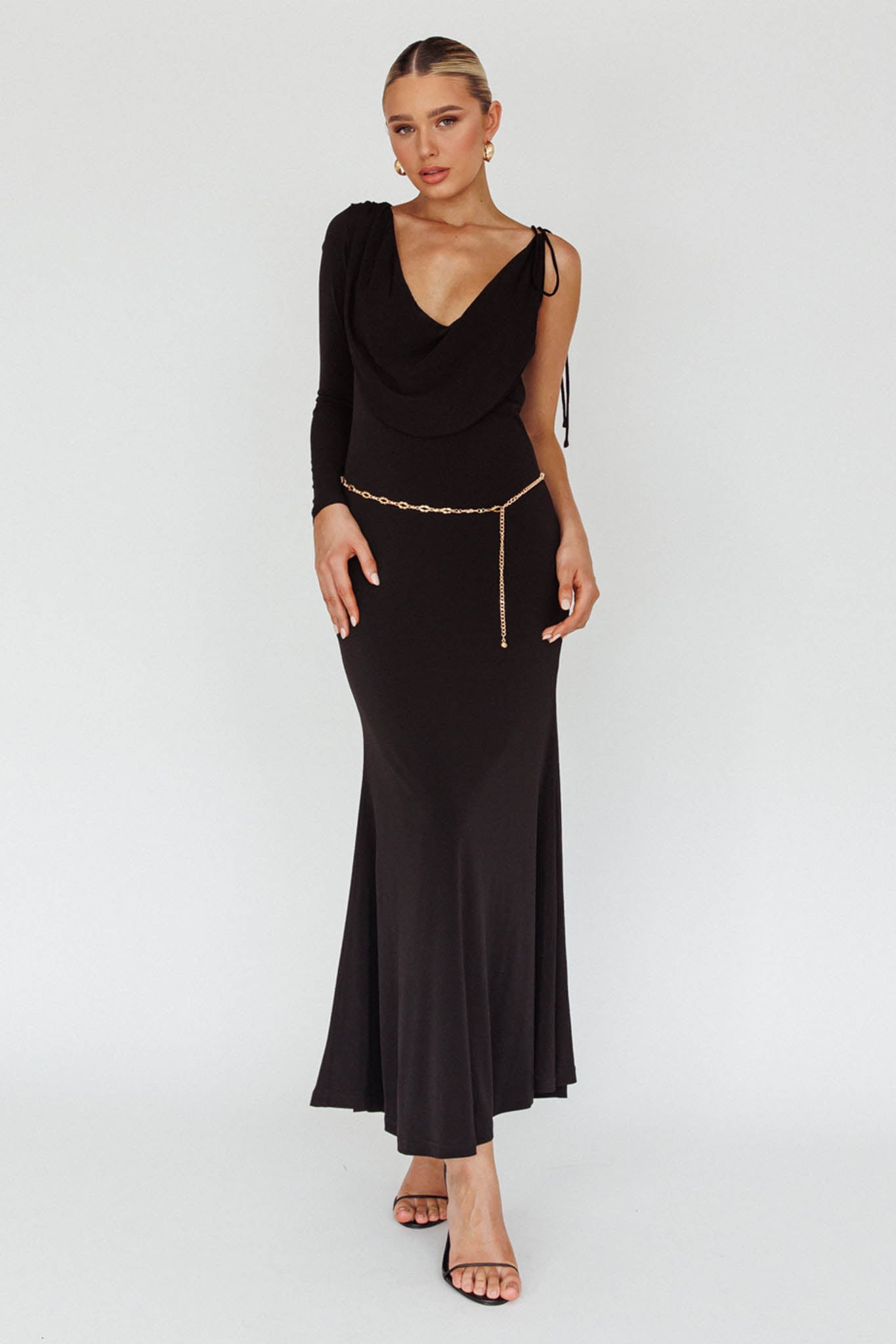 Star Walker One Sleeve Maxi Dress Black by Selfie Leslie