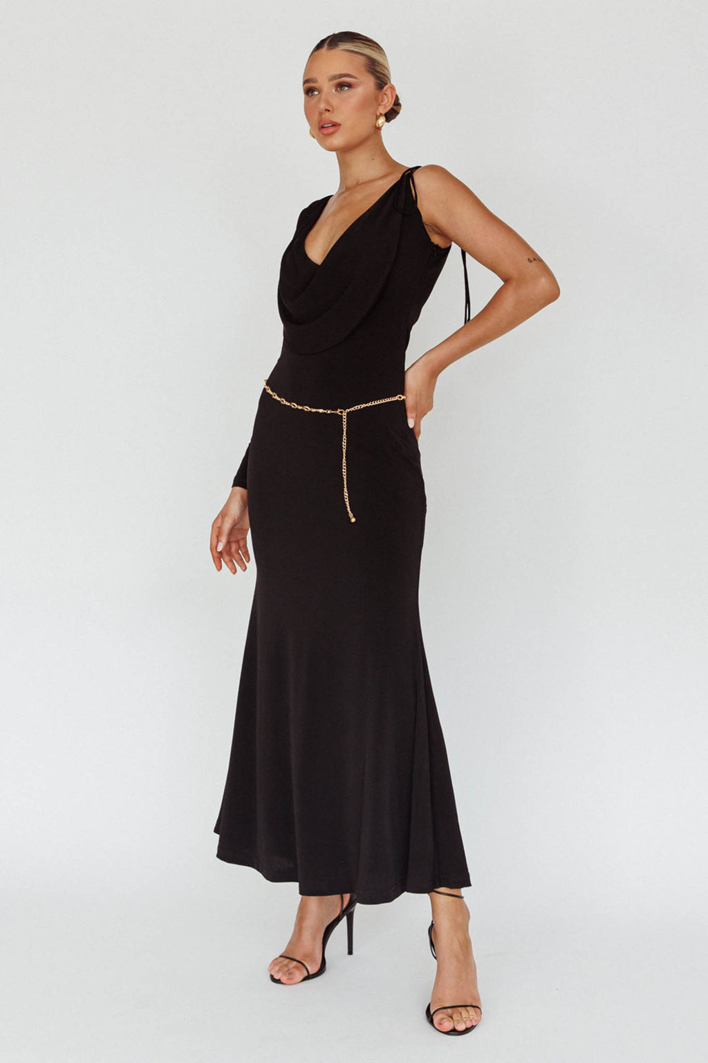 Star Walker One Sleeve Maxi Dress Black by Selfie Leslie