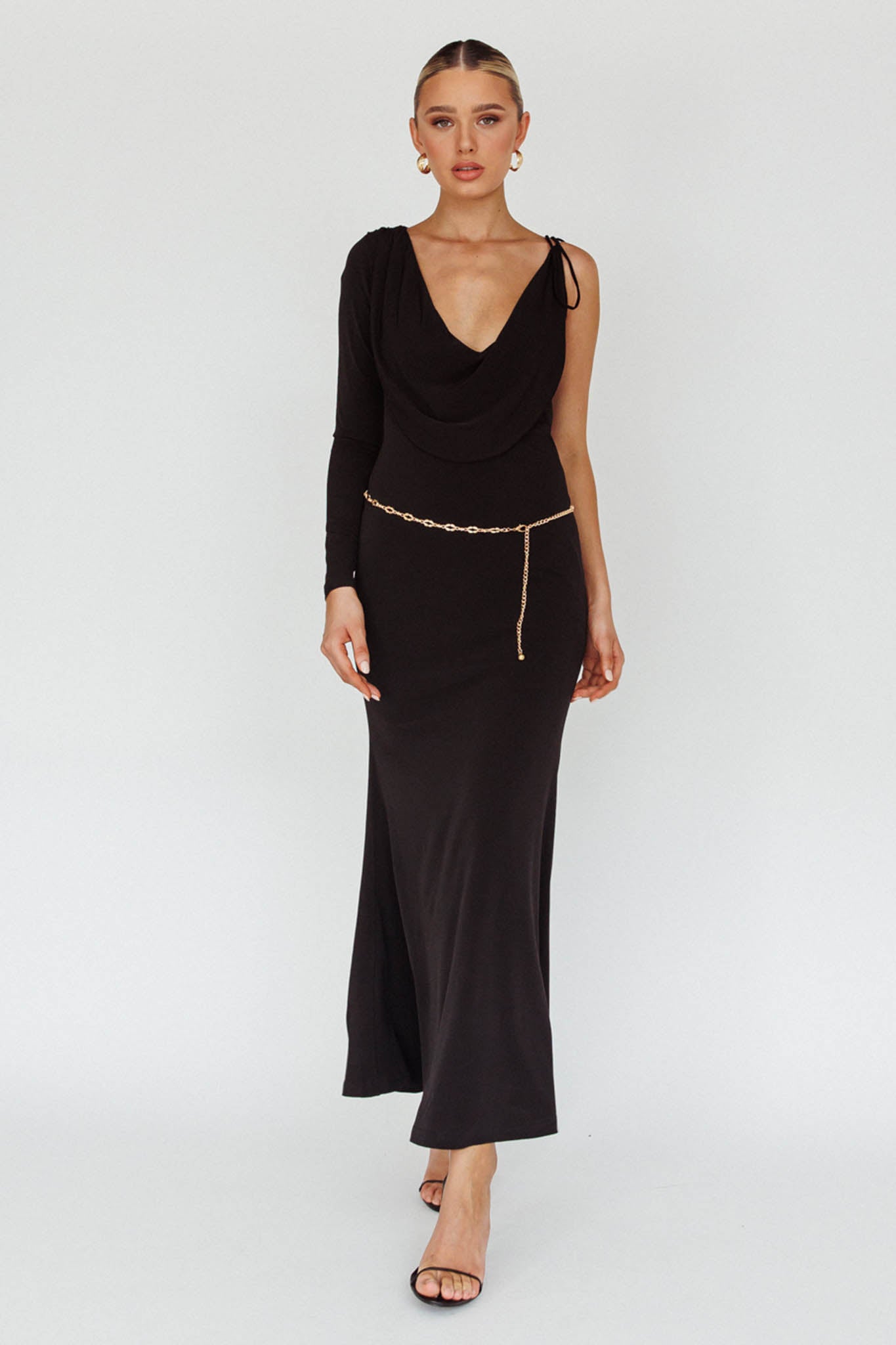 Star Walker One Sleeve Maxi Dress Black by Selfie Leslie