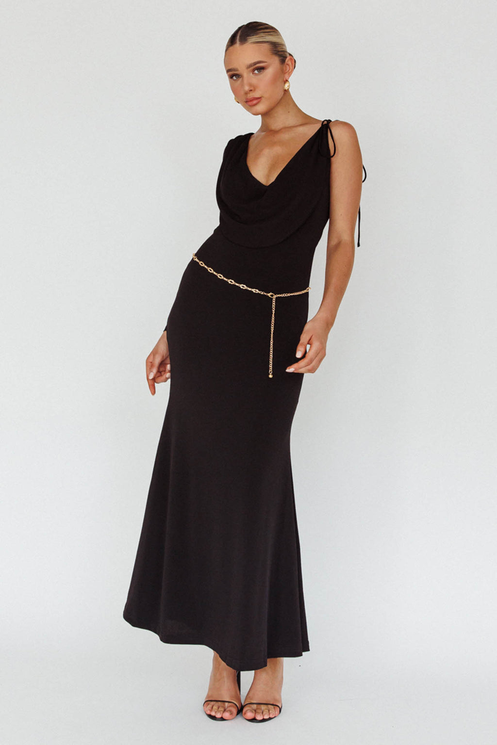 Star Walker One Sleeve Maxi Dress Black by Selfie Leslie