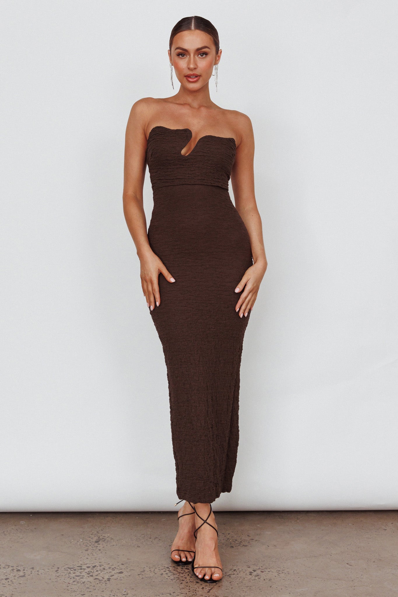 Horizon Strapless Textured Midi Dress Chocolate by Selfie Leslie
