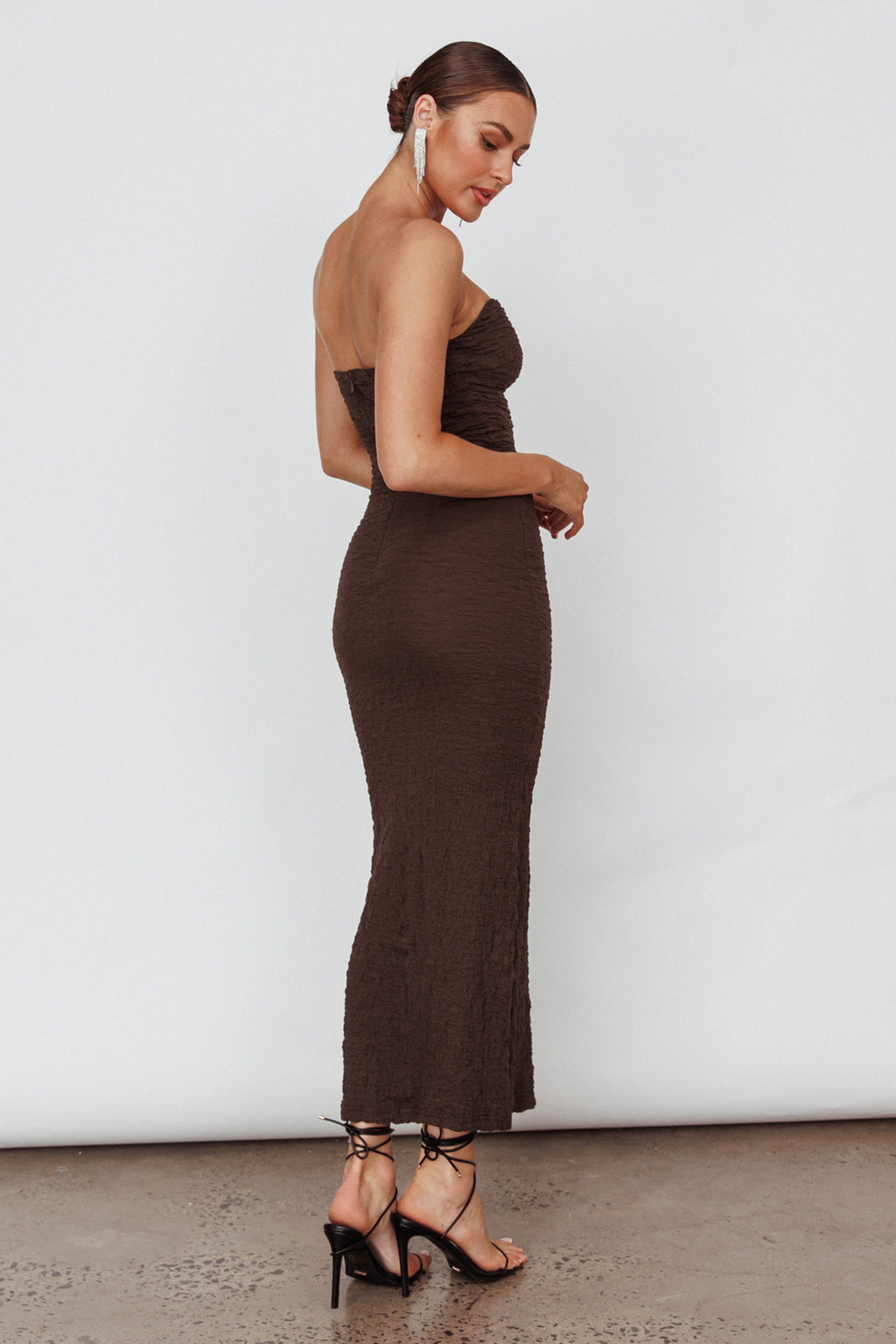 Horizon Strapless Textured Midi Dress Chocolate by Selfie Leslie