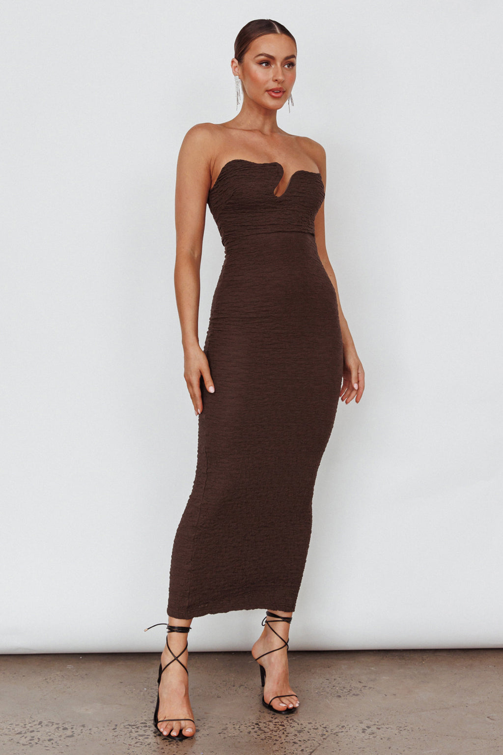Horizon Strapless Textured Midi Dress Chocolate by Selfie Leslie