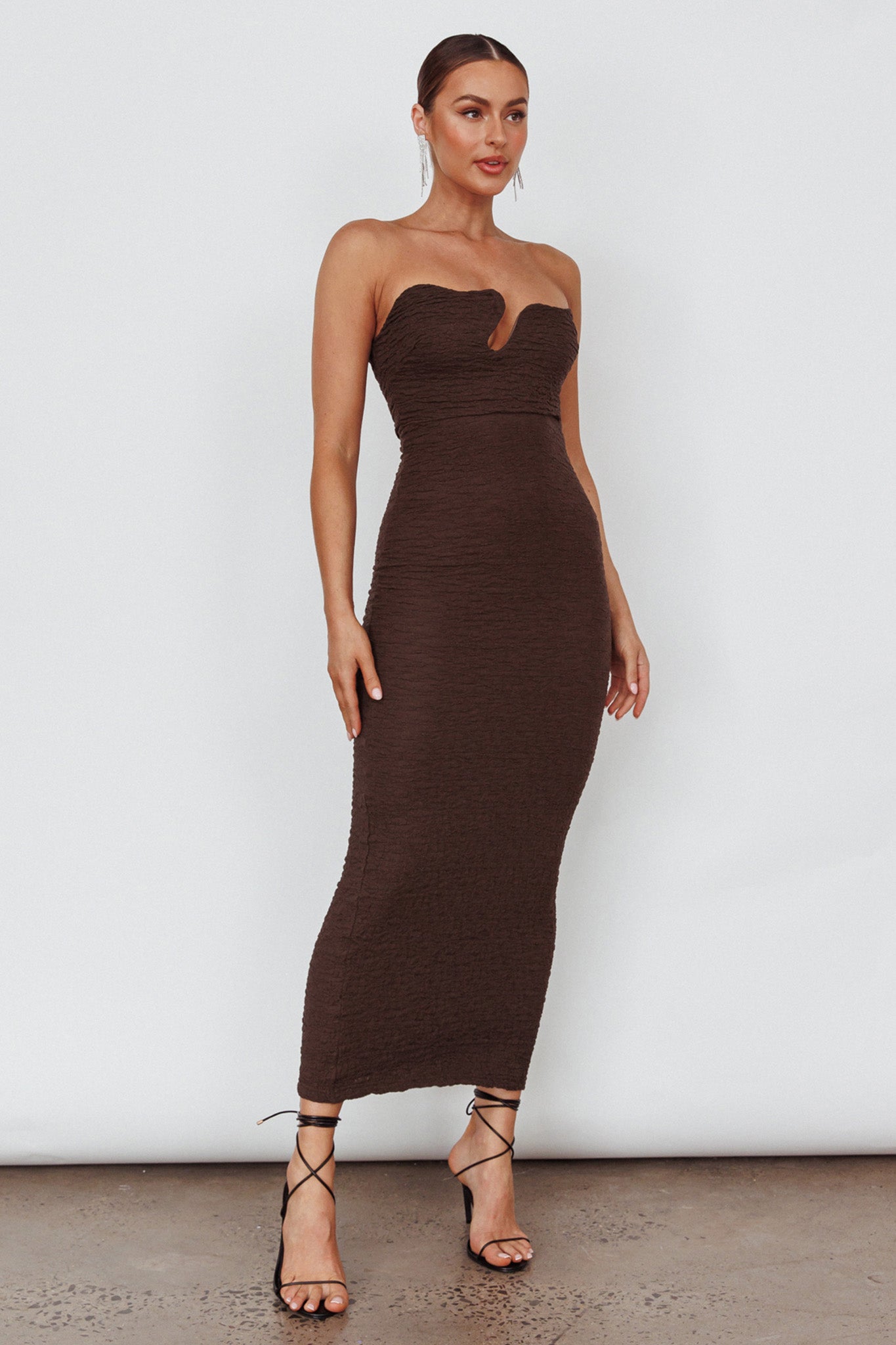 Horizon Strapless Textured Midi Dress Chocolate by Selfie Leslie