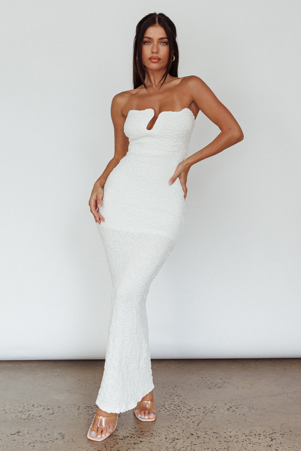 Horizon Strapless Textured Midi Dress White by Selfie Leslie
