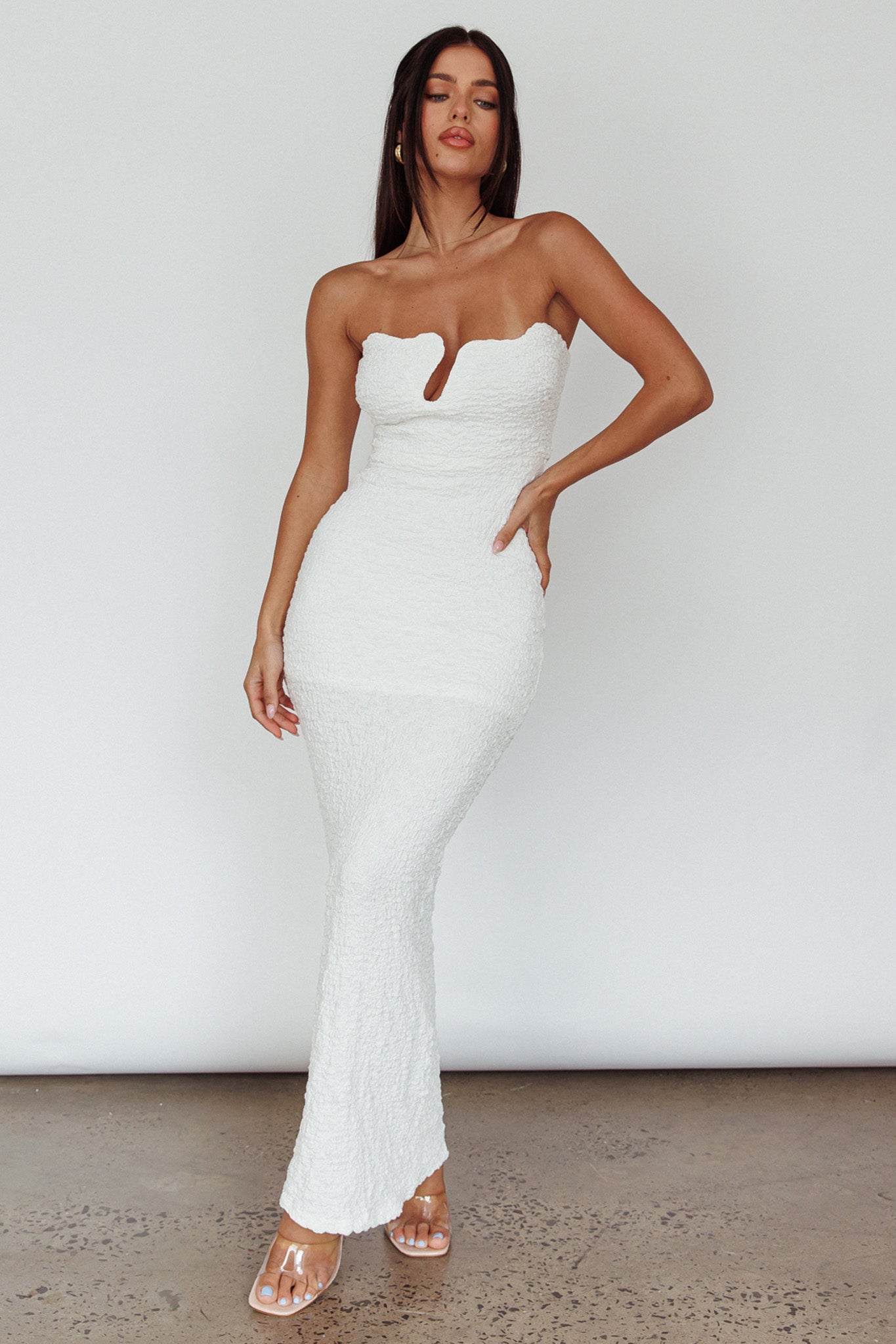 Horizon Strapless Textured Midi Dress White by Selfie Leslie