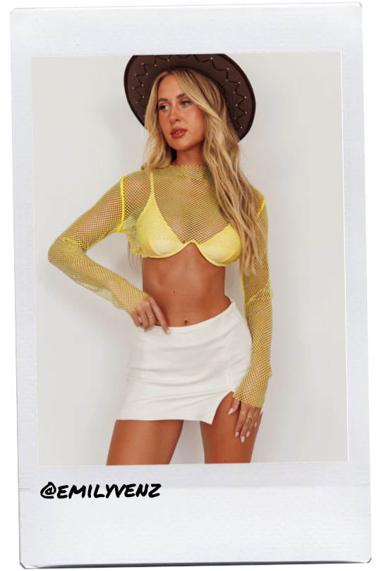 Last Call Fishnet Crop Top Yellow by Selfie Leslie