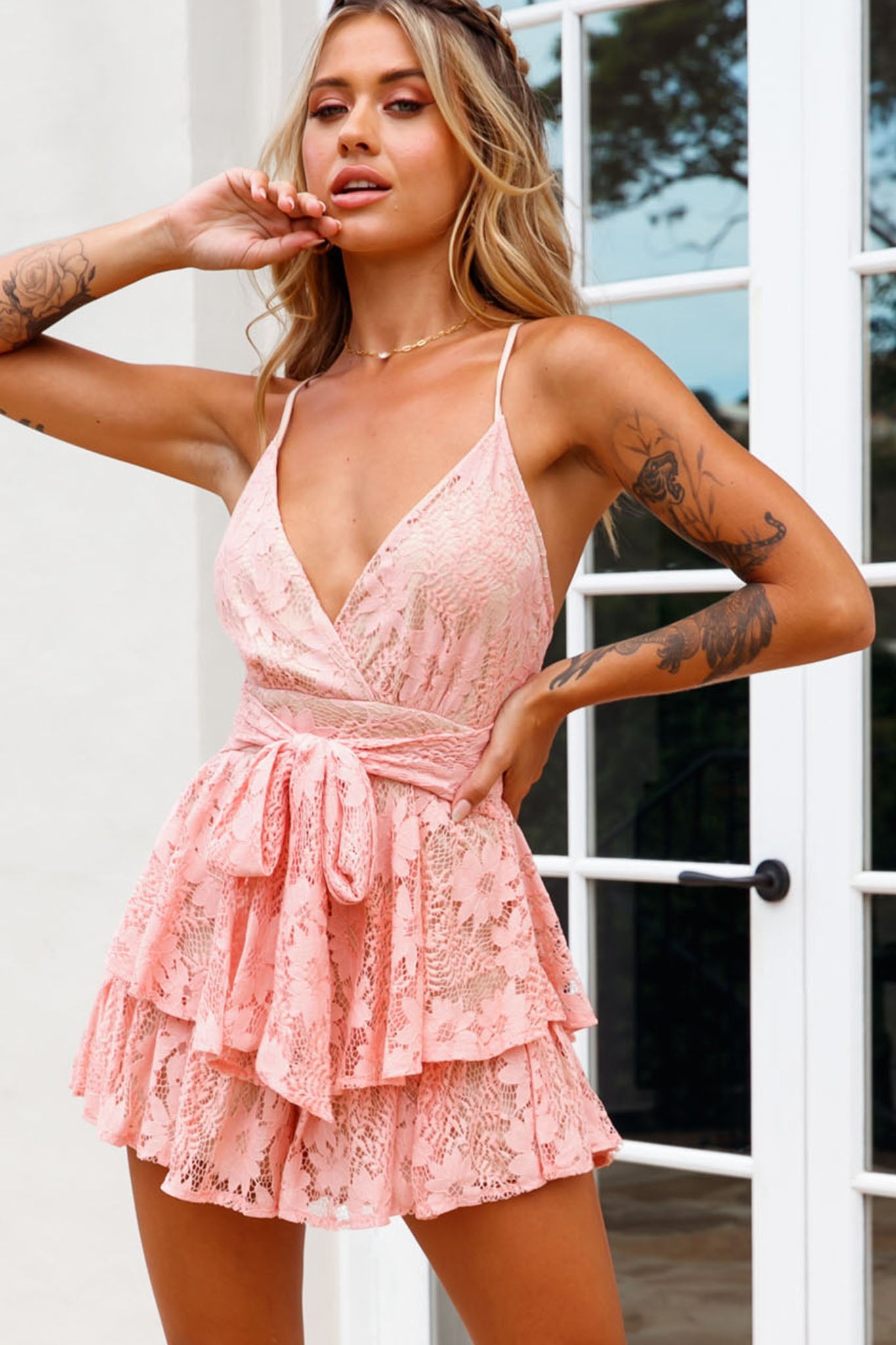 Maddox Fit & Flare Cami Strap Romper Floral Lace Blush by Selfie Leslie