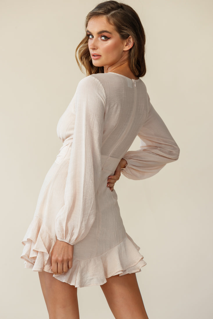 Maddox Long Sleeve Layered Ruffle Hem Dress Beige by Selfie Leslie