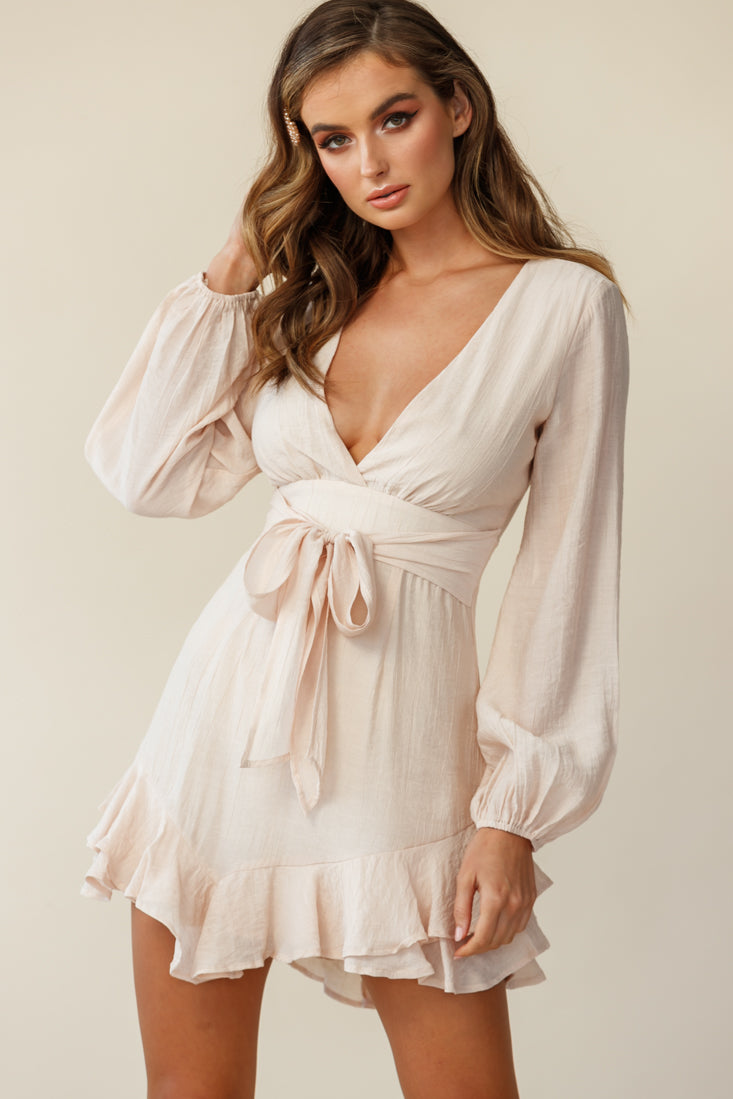 Maddox Long Sleeve Layered Ruffle Hem Dress Beige Maddox Long Sleeve Layered Ruffle Hem Dress Beige