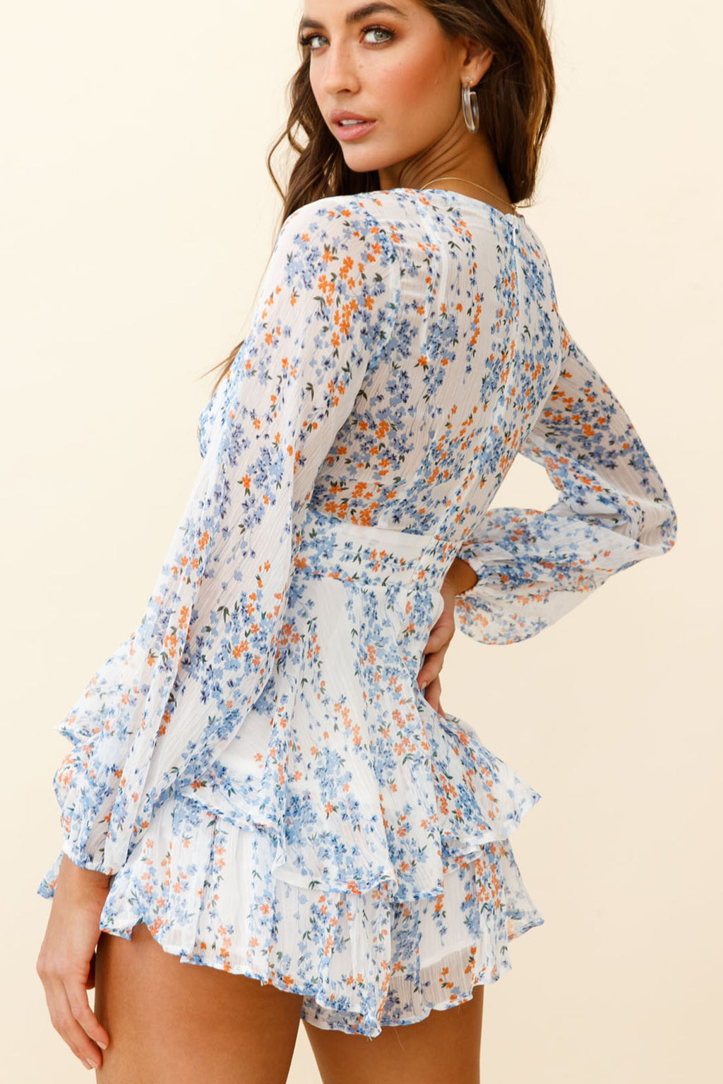 Maddox Fit & Flare Long Sleeve Romper Floral Vine White by Selfie Leslie