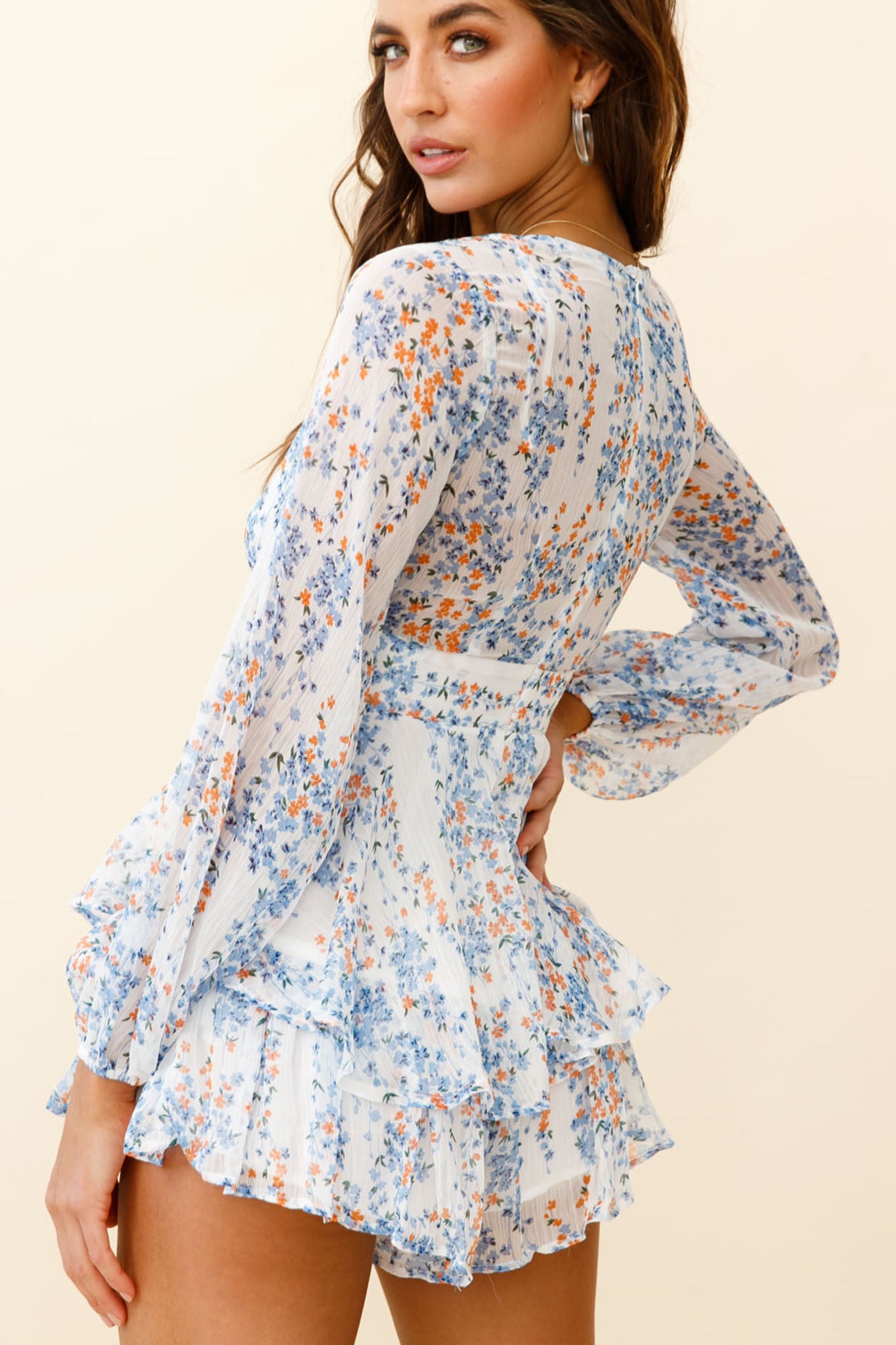 Maddox Fit & Flare Long Sleeve Romper Floral Vine White by Selfie Leslie