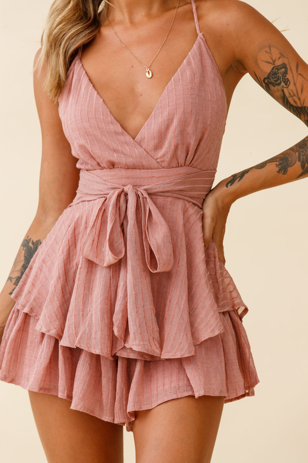 Maddox Fit & Flare Cami Strap Romper Textured Stripe Rose by Selfie Leslie