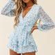Maddox Fit & Flare Long Sleeve Romper Dainty Floral Print Blue