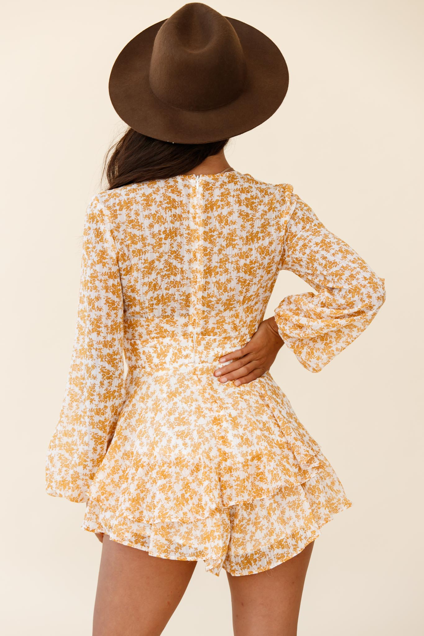 Maddox Fit & Flare Long Sleeve Romper Dainty Floral Print Mustard by Selfie Leslie