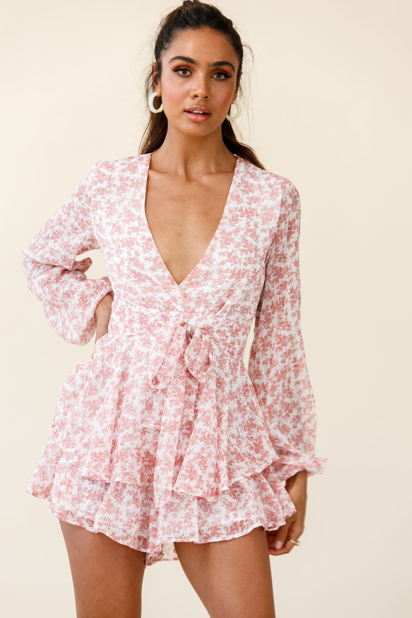 Maddox Fit & Flare Long Sleeve Romper Dainty Floral Print Pink by Selfie Leslie