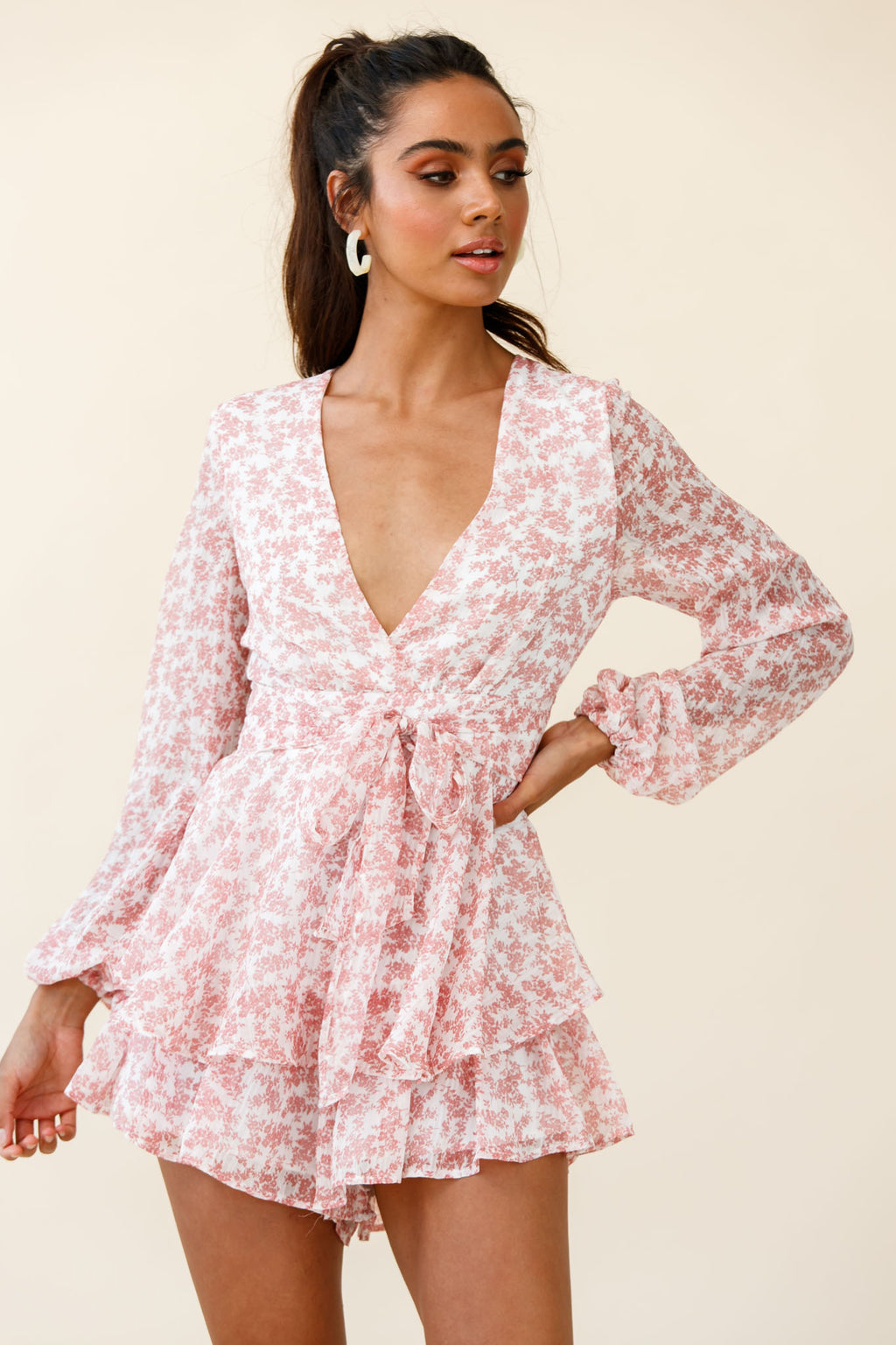 Maddox Fit & Flare Long Sleeve Romper Dainty Floral Print Pink by Selfie Leslie
