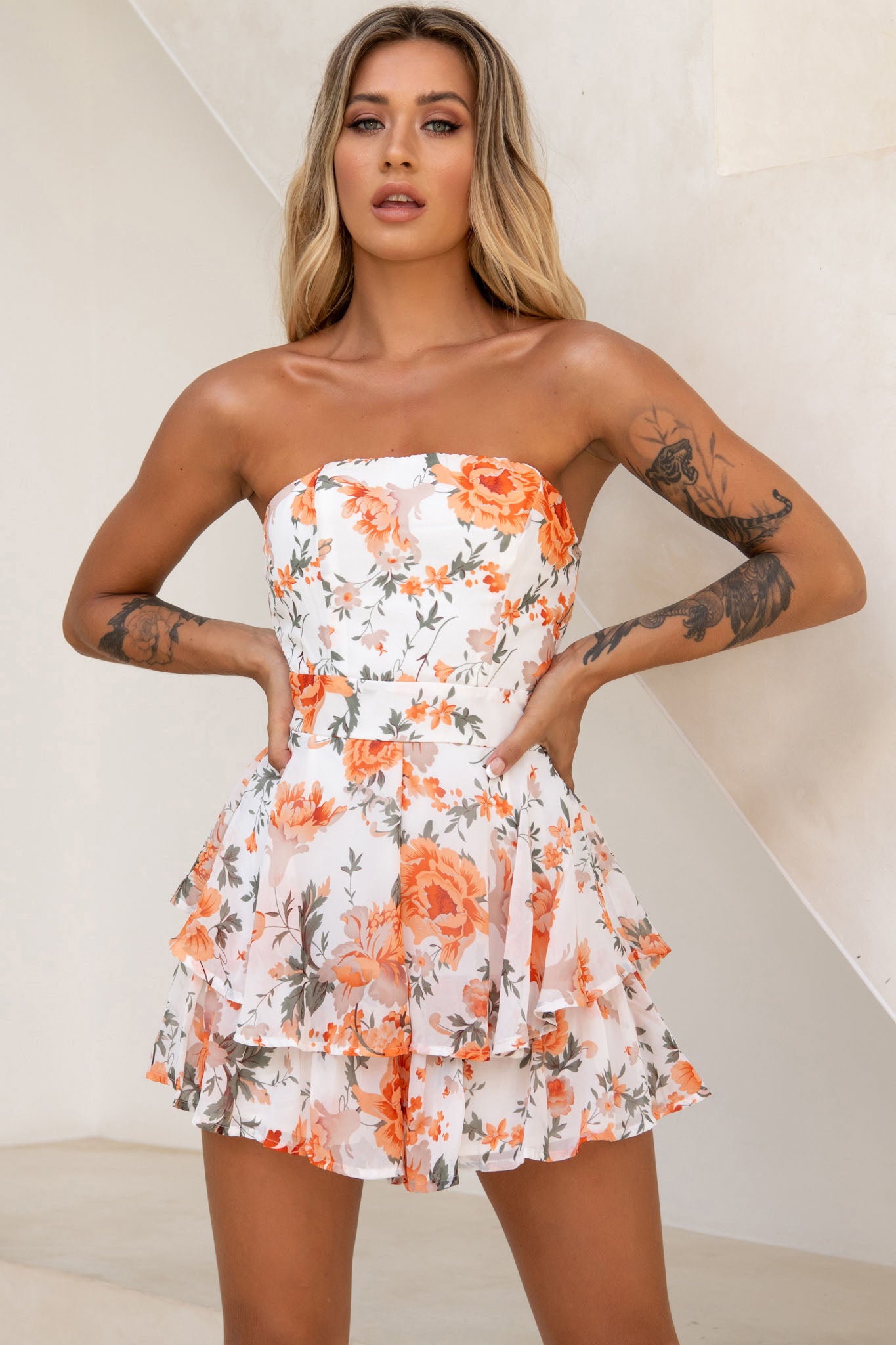 Maddox Fit & Flare Bandeau Romper Rose Print Orange by Selfie Leslie