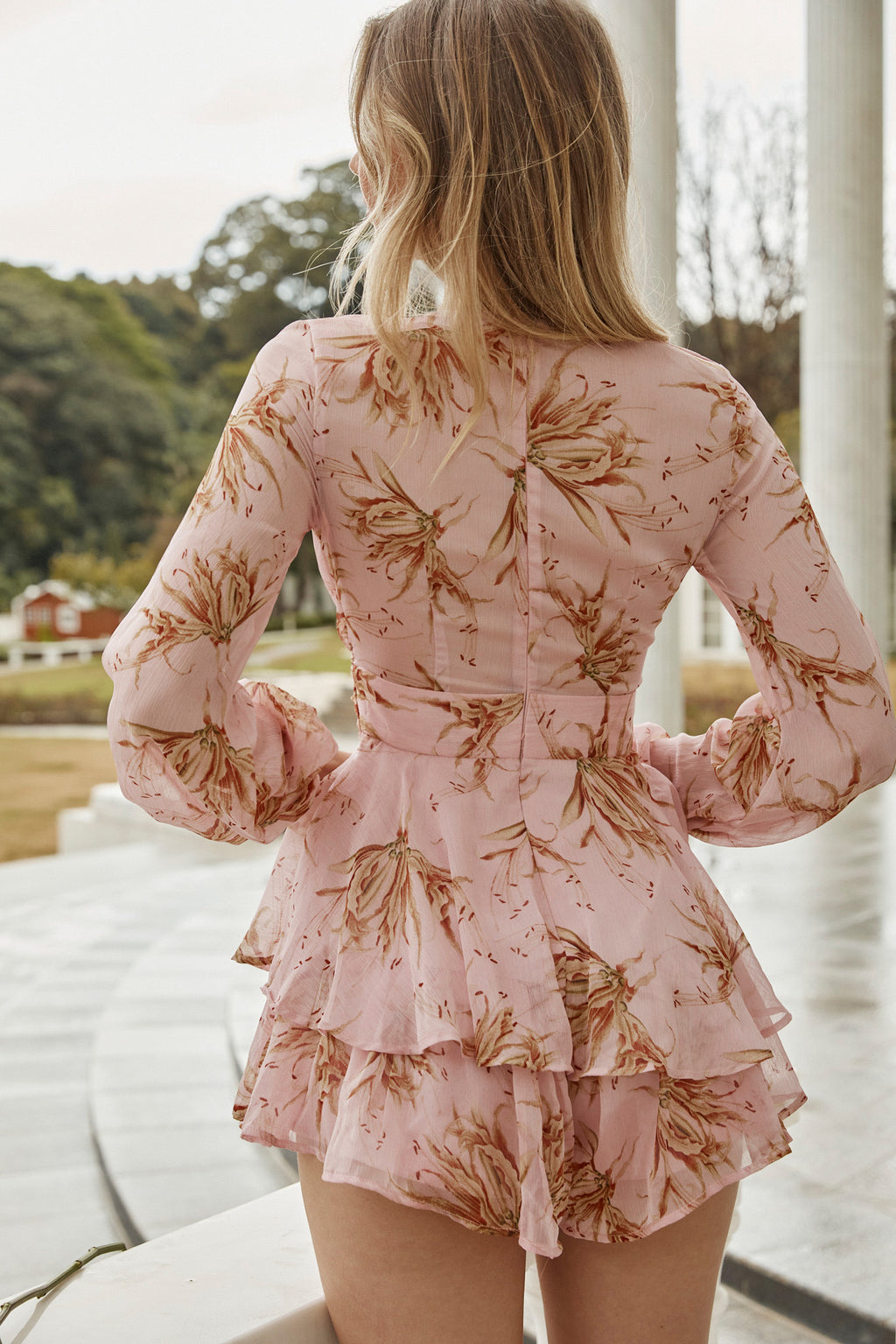 Maddox Fit & Flare Long Sleeve Romper Lily Print Pink by Selfie Leslie