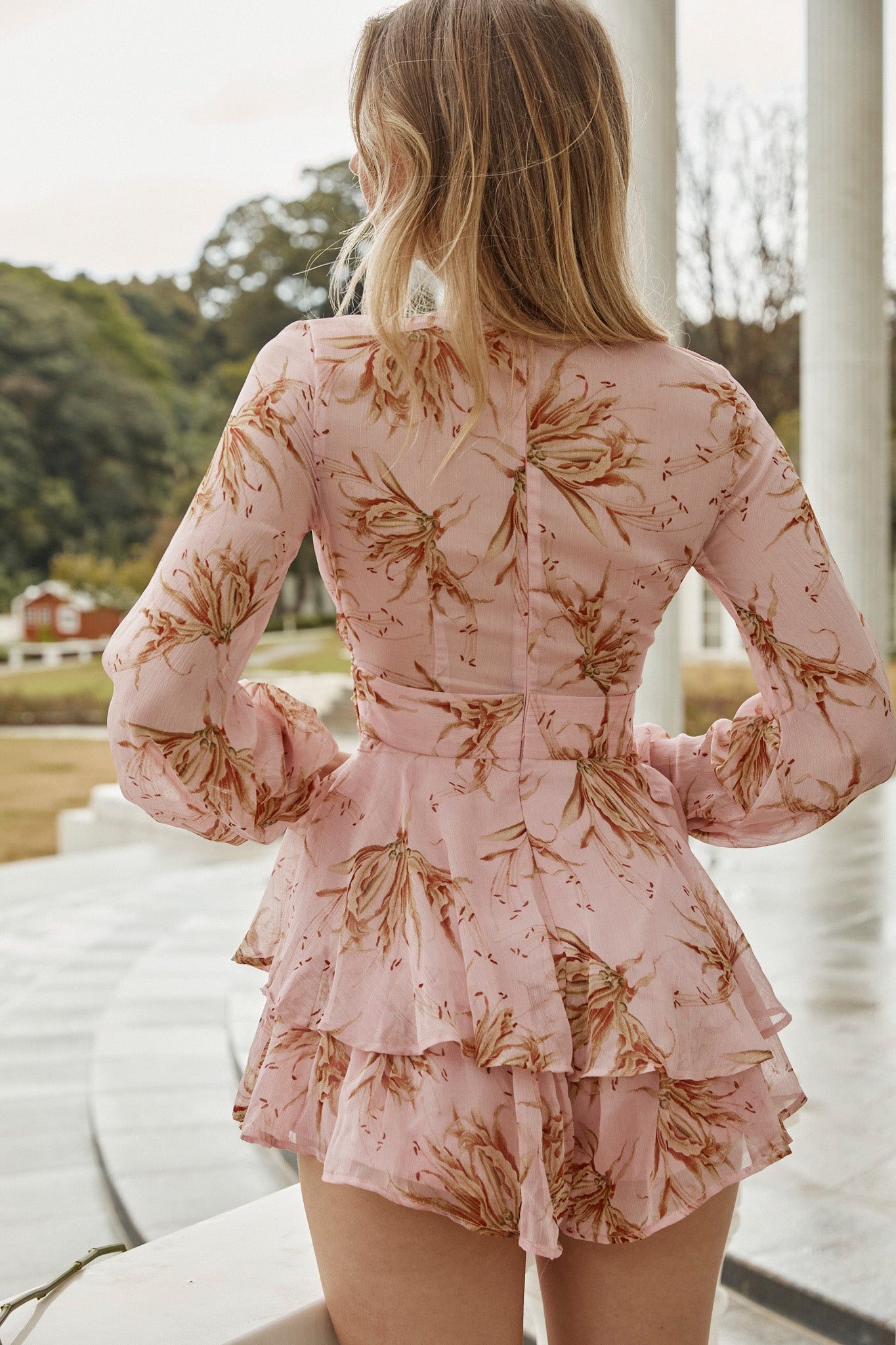 Maddox Fit & Flare Long Sleeve Romper Lily Print Pink by Selfie Leslie