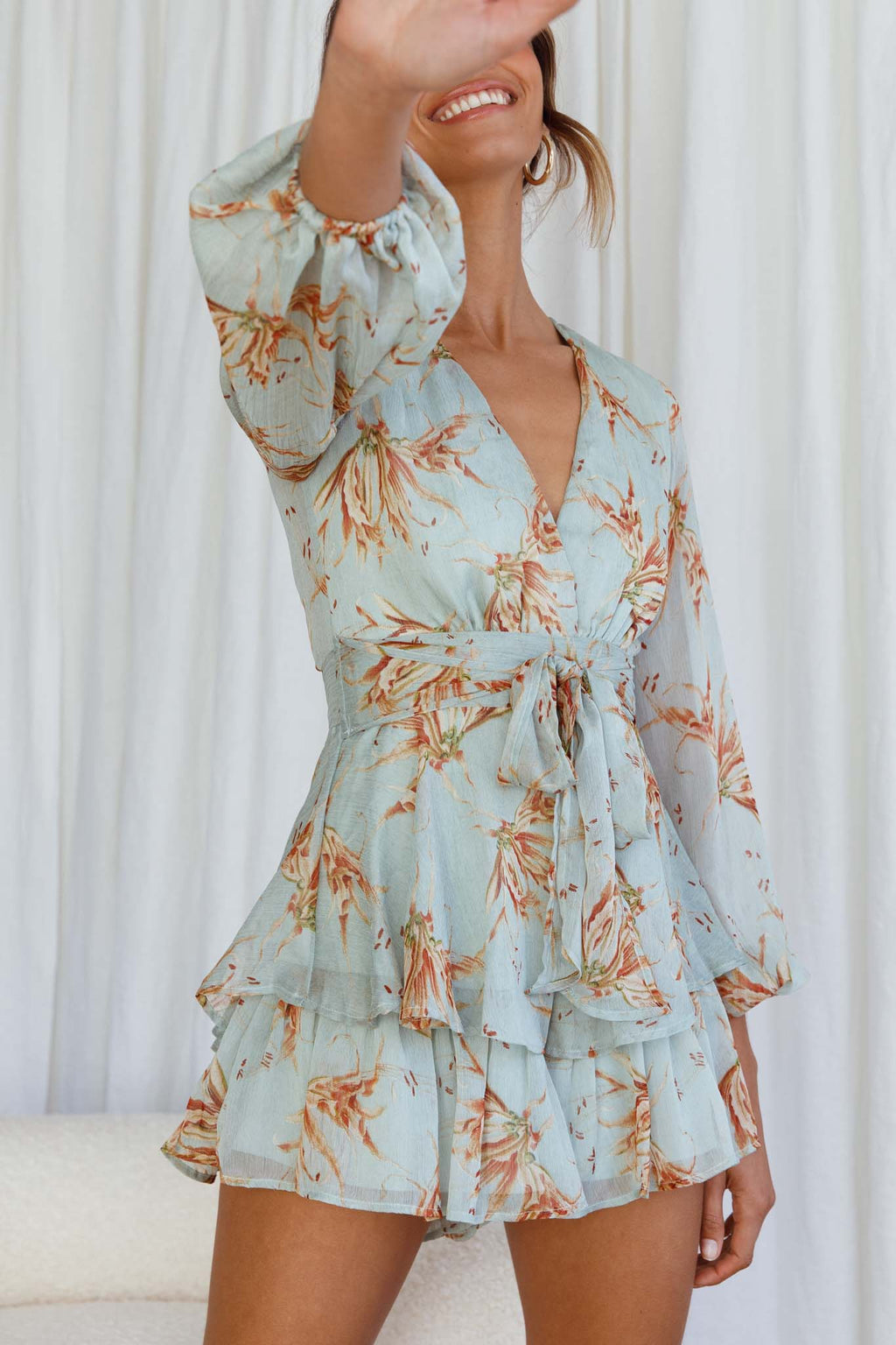 Maddox Fit & Flare Long Sleeve Romper Lily Print Pistachio by Selfie Leslie