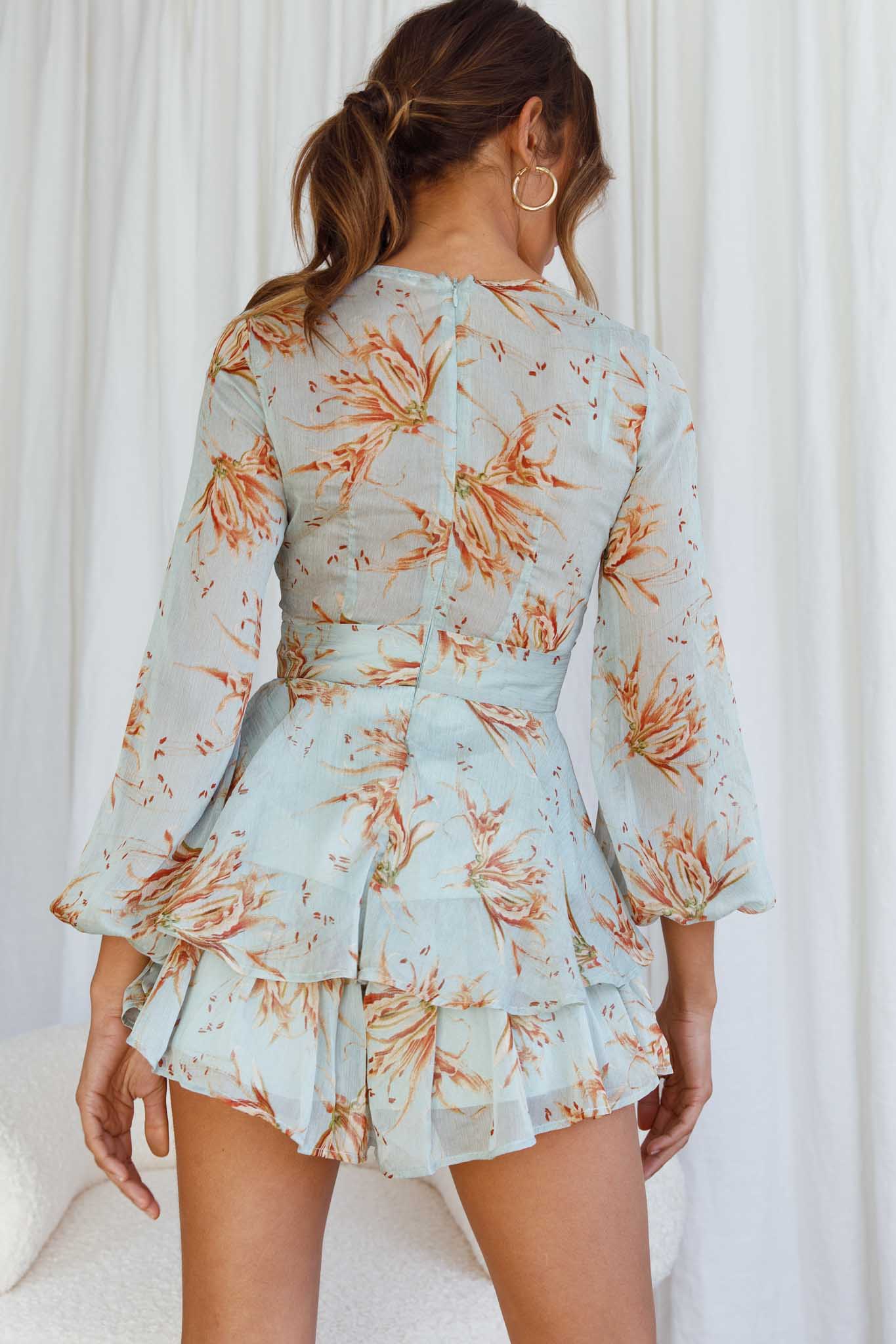 Maddox Fit & Flare Long Sleeve Romper Lily Print Pistachio by Selfie Leslie