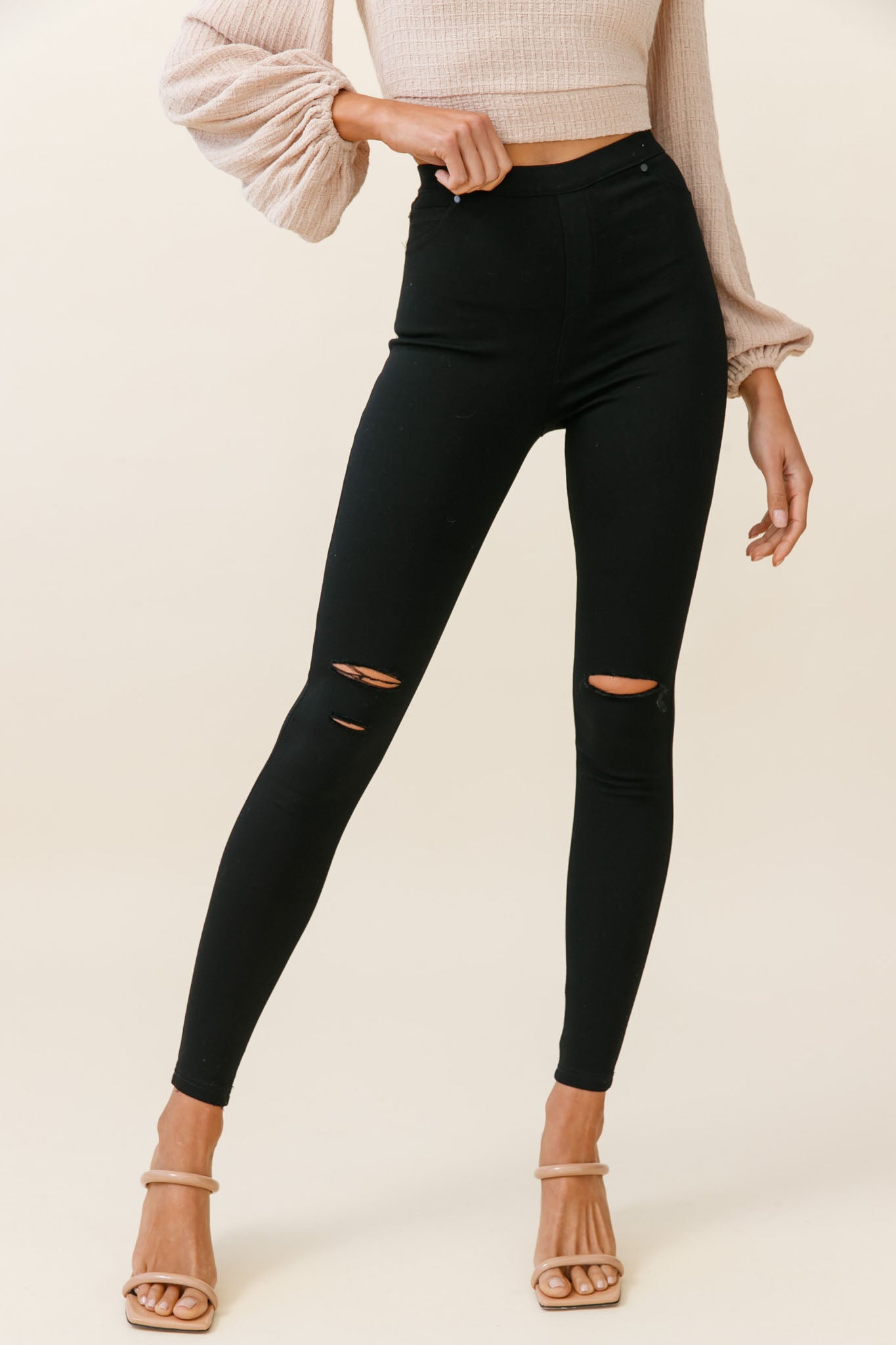 Charleston High-Waisted Ripped Detail Skinny Leg Pants Black by Selfie Leslie