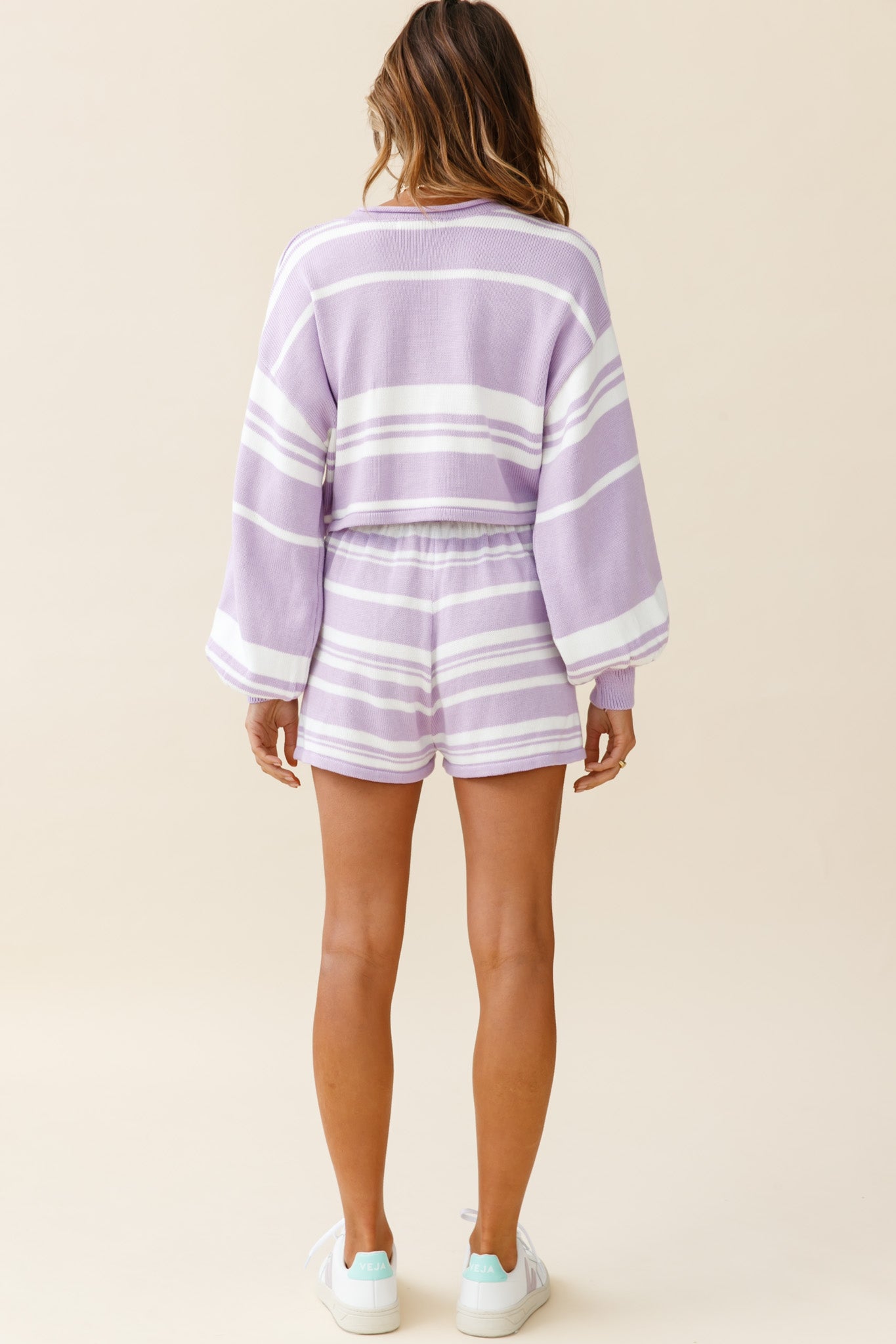 Carlo Long Balloon Sleeve Crop Top Striped Pattern Lilac by Selfie Leslie