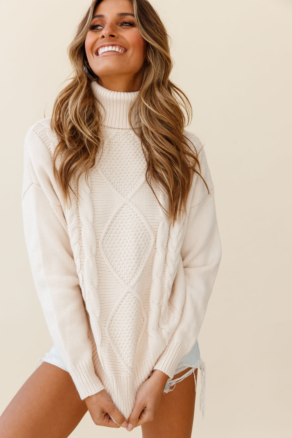 Hark Rolled Turtleneck Cable Knit Detail Sweater Cream by Selfie Leslie