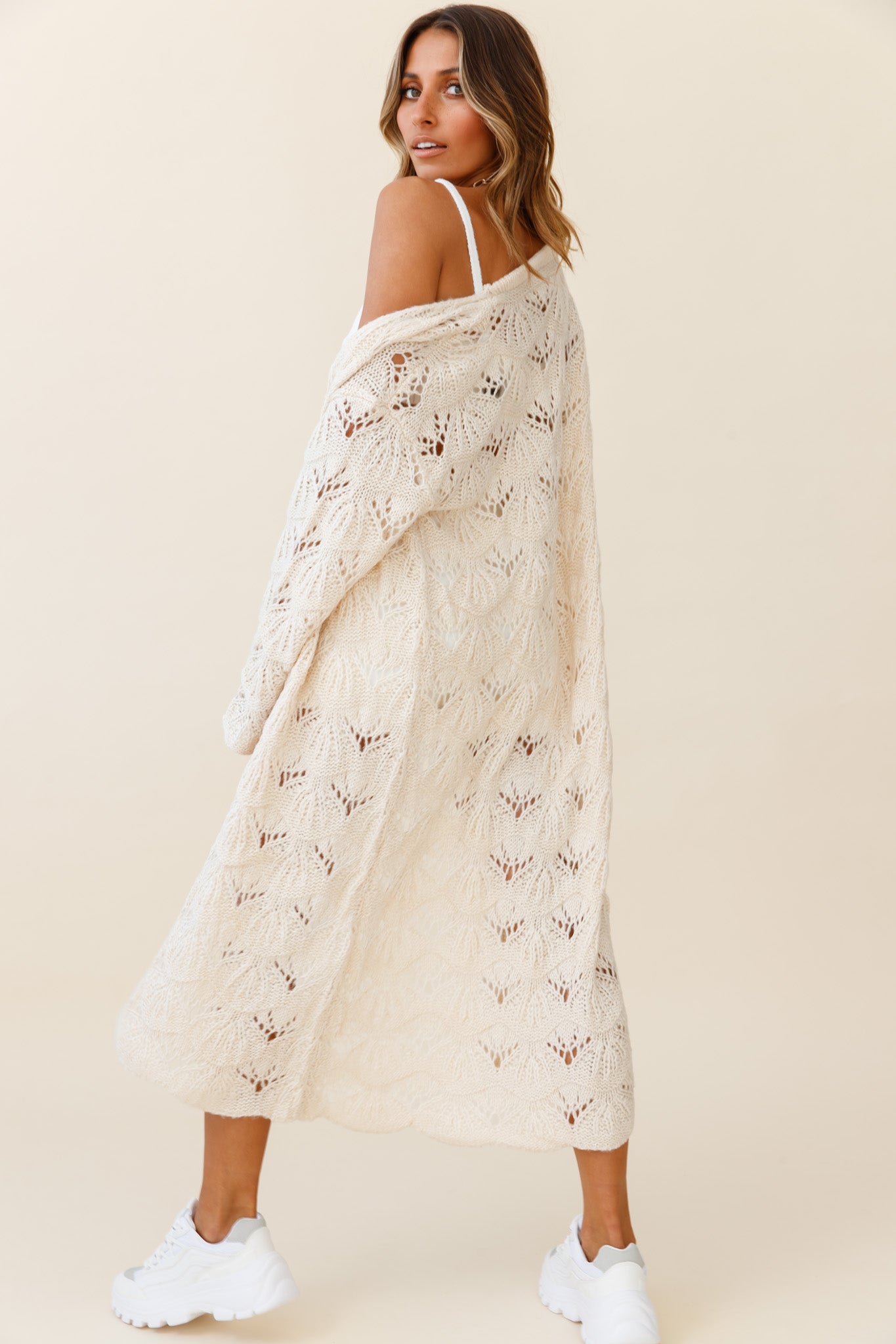 Hailey Crochet Knit Duster Cardigan Cream by Selfie Leslie