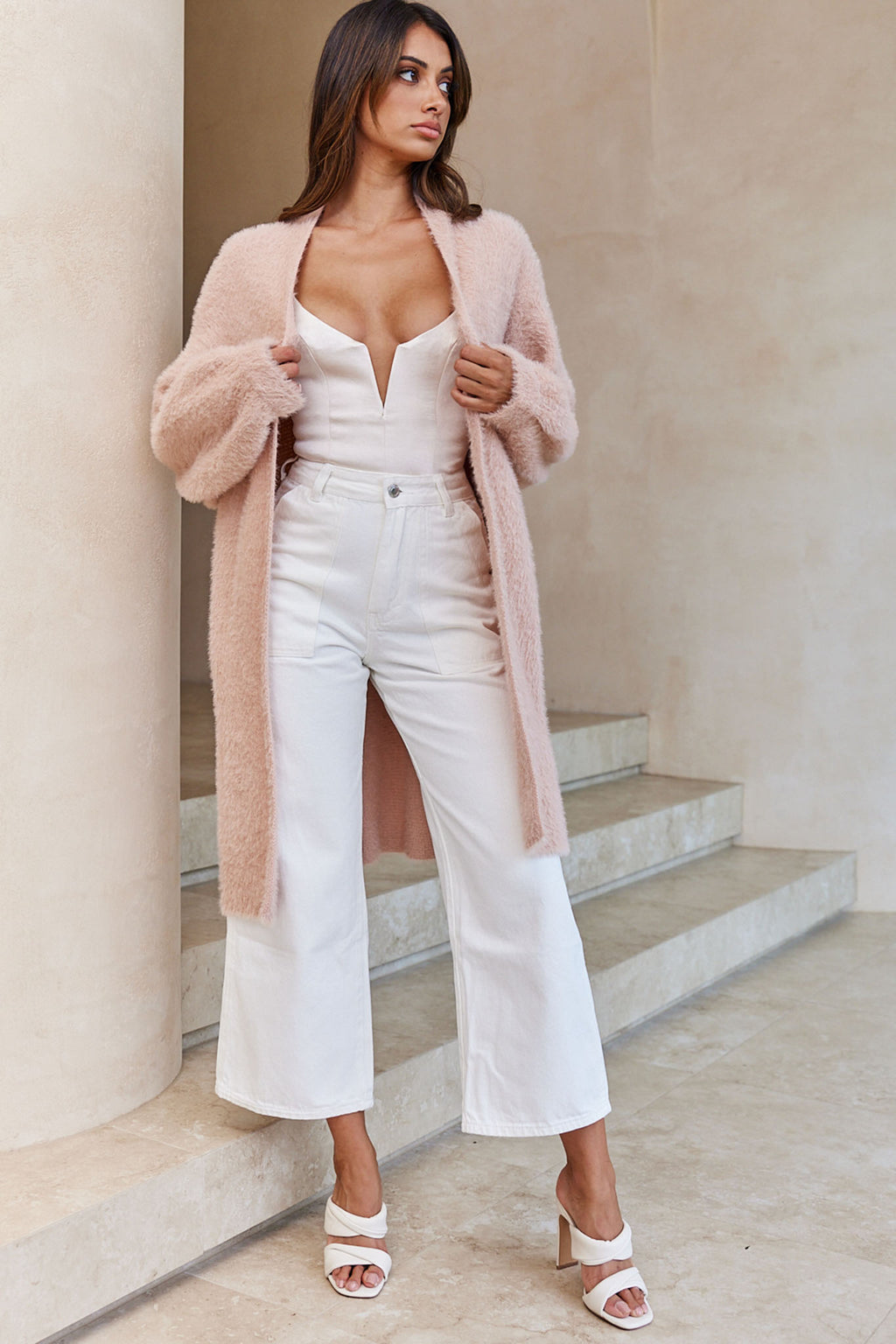 Hold The Phone Long Sleeve Fuzzy Duster Cardigan Blush by Selfie Leslie
