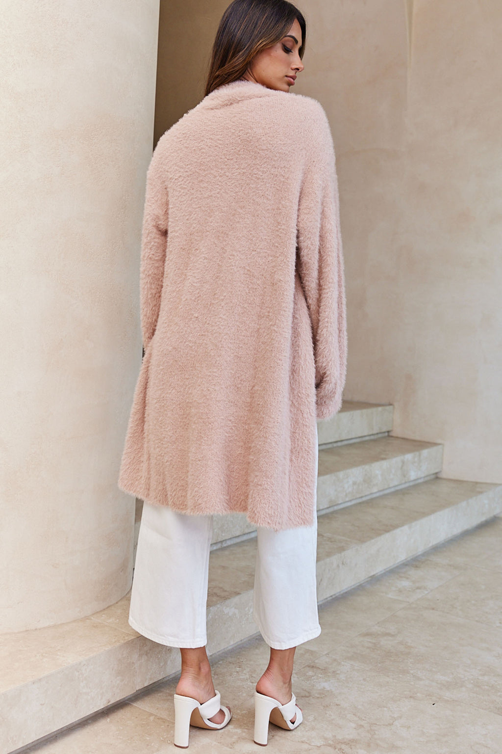 Hold The Phone Long Sleeve Fuzzy Duster Cardigan Blush by Selfie Leslie